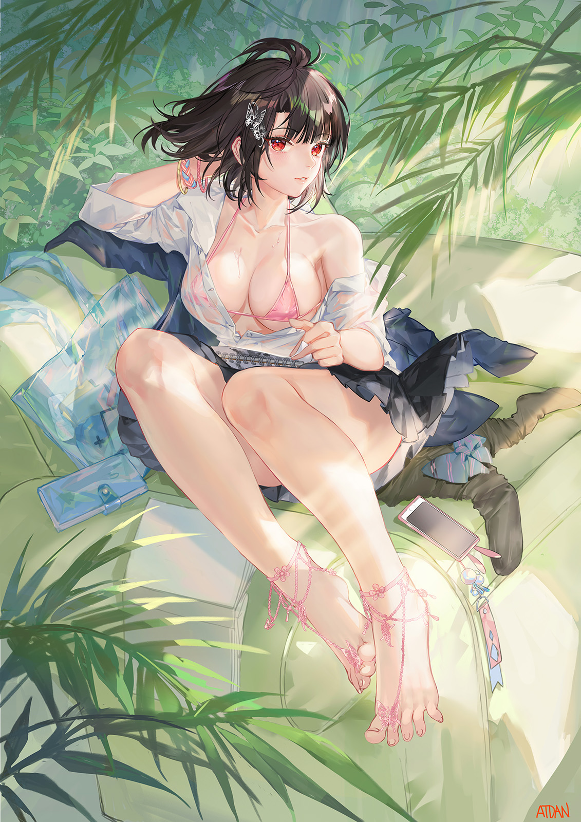 ahoge, atdan, bag, bare shoulders, barefoot, barefoot sandals, black hair, black skirt, bra, breasts, button gap, clavicle, cleavage, clothing, collared shirt, feet, female, hair ornament, halterneck, high resolution, large breasts, lily (atdan), looking at viewer, miniskirt, off shoulder, one arm up, open clothes, open mouth, open shirt, original, parted lips, phone, pink bra, pleated skirt, red eyes, revision, see-through, shirt, short hair, sidelocks, skirt, solo, spread toes, string bra, thighs, toes, underwear, wet, wet clothes, wet shirt, white shirt