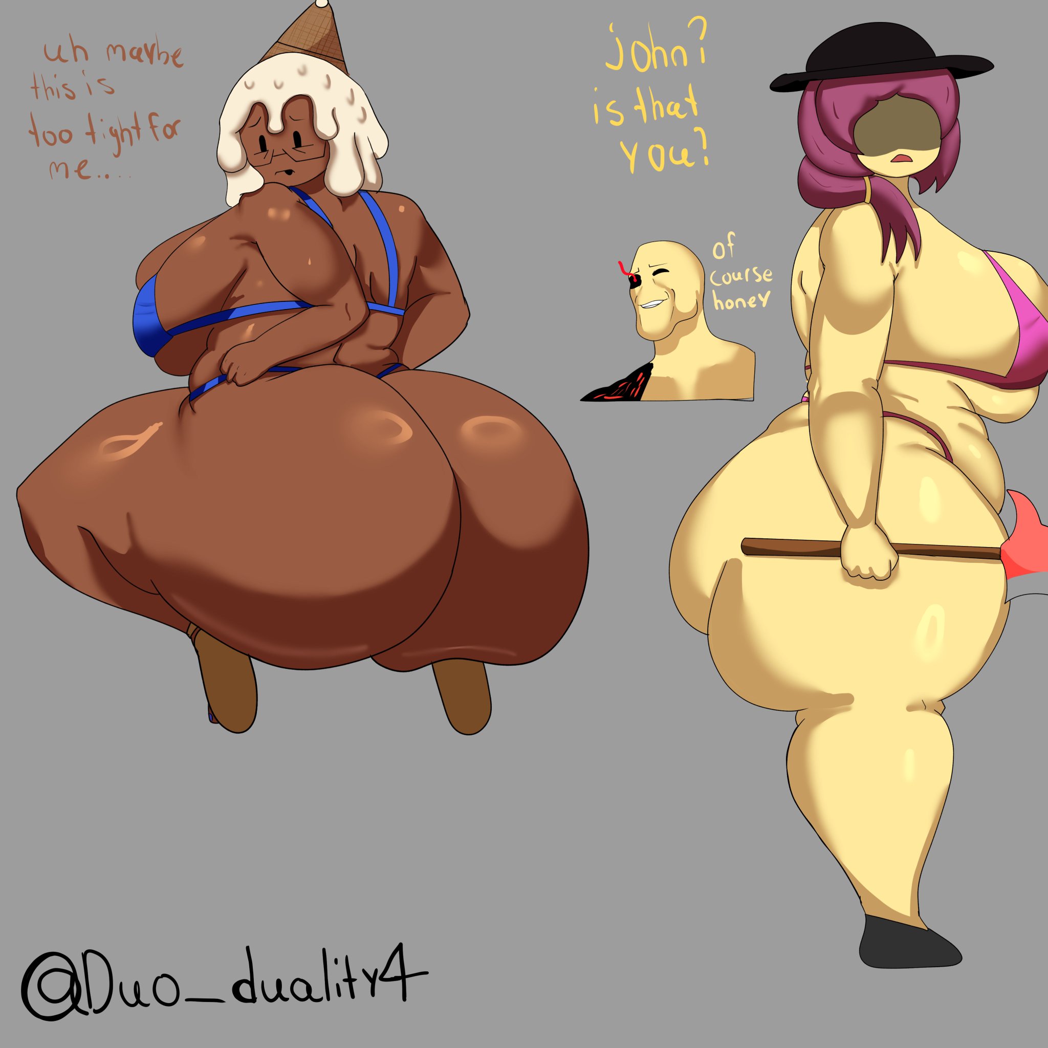 118o8, 1boy, 2girls, ass, axe, big ass, big breasts, bikini, breasts, dark skin, dark-skinned female, dialogue, duo duality4, english text, female focus, fire axe, forsaken (roblox), gigachad (meme), jane doe (forsaken), jane doe (roblox), john doe (forsaken), meme, pudgy belly, roblox, roblox game, robloxian, tagme, text, thick thighs, thighs, twitter username, wide hips, yellow skin, yellow skinned female, yellow skinned male