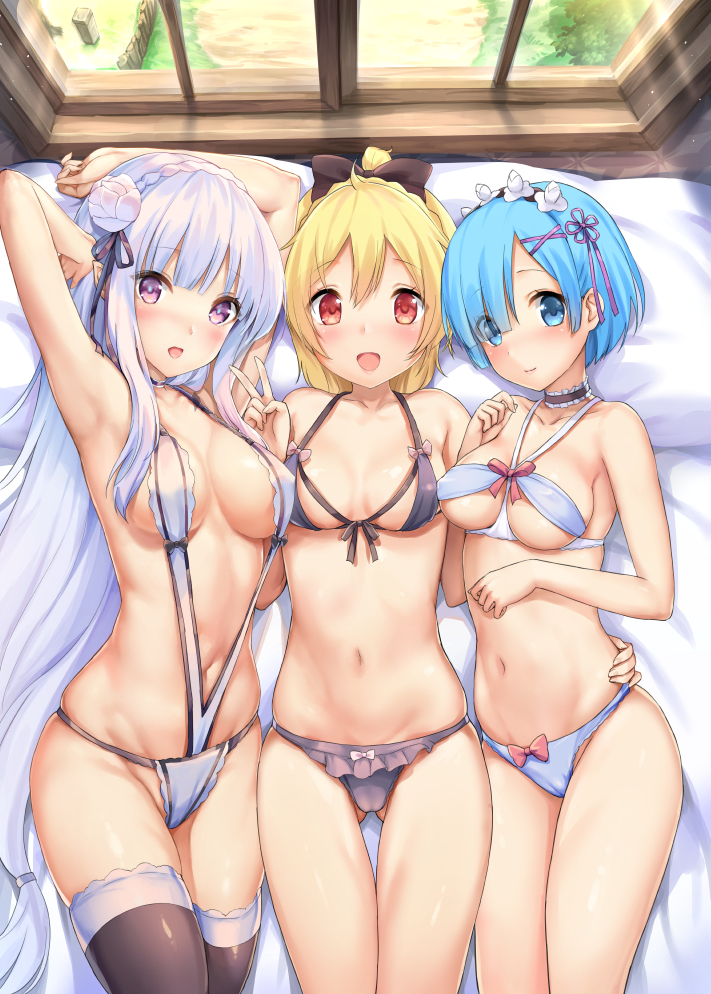 3girls ahoge archway_of_venus armpits arms_behind_head arms_up bare_arms bare_legs bare_shoulders bare_thighs bed bikini black_legwear black_thighhighs blonde_hair blue_eyes blue_hair blush bow bow_bikini braid breasts cameltoe choker clavicle cleavage clothed_female clothing crown_braid day emilia_(re:zero) erect_nipples erect_nipples_under_clothes felt_(re:zero) female female_only flower frilled_panties frilled_underwear frills front-tie_top girl_sandwich gluteal_fold group_comparison hair_flower hair_ornament hair_over_one_eye hair_ribbon hairbow hand_on_another's_hip harem headdress headwear human indoors large_breasts legs light-skinned light-skinned_female lingerie long_hair looking_at_viewer lying medium_breasts multiple_girls navel nipples on_back on_bed one-piece_swimsuit open_mouth pantsu pillow pointed_ears ponytail purple_eyes re:zero_kara_hajimeru_isekai_seikatsu red_eyes rem_(re:zero) ribbon sandwiched sayika shiny shiny_skin short_hair silver_hair skindentation sling_swimsuit small_breasts smile sunlight swimsuit take_your_pick thigh_gap thighhighs thighs tied_hair underboob underwear v very_long_hair white_hair window x_hair_ornament