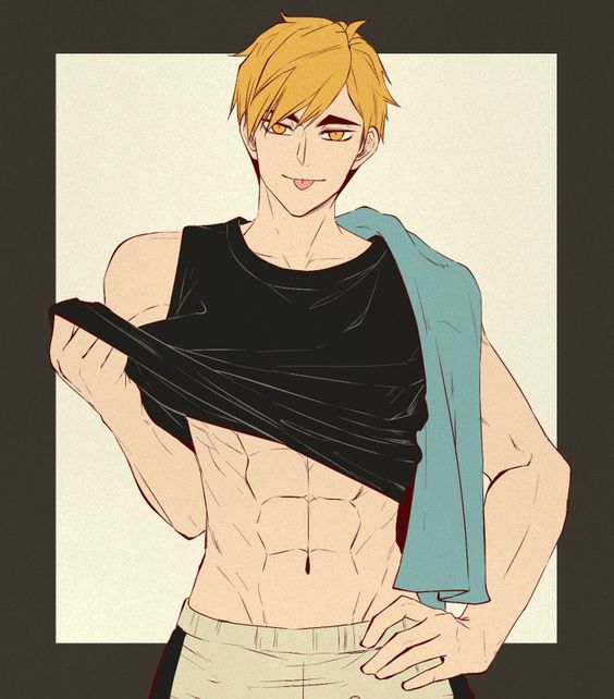 1boy abs amber_eyes atsumu_miya blonde_hair haikyuu!! male male_only solo towel