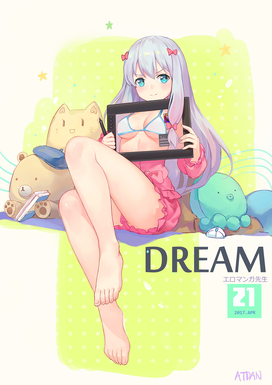 angry aqua_eyes atdan barefoot bear blush book bow breasts closed_mouth computer_mouse drawing_tablet eromanga_sensei feet feline female full_body high_resolution holding izumi_sagiri long_hair long_sleeves looking_at_viewer medium_breasts octopus pink_bow pink_shirt pink_shorts plantar_flexion shirt shorts silver_hair sitting slq solo stuffed_animal stuffed_toy stylus tablet tablet_computer toes very_long_hair watermark white_hair