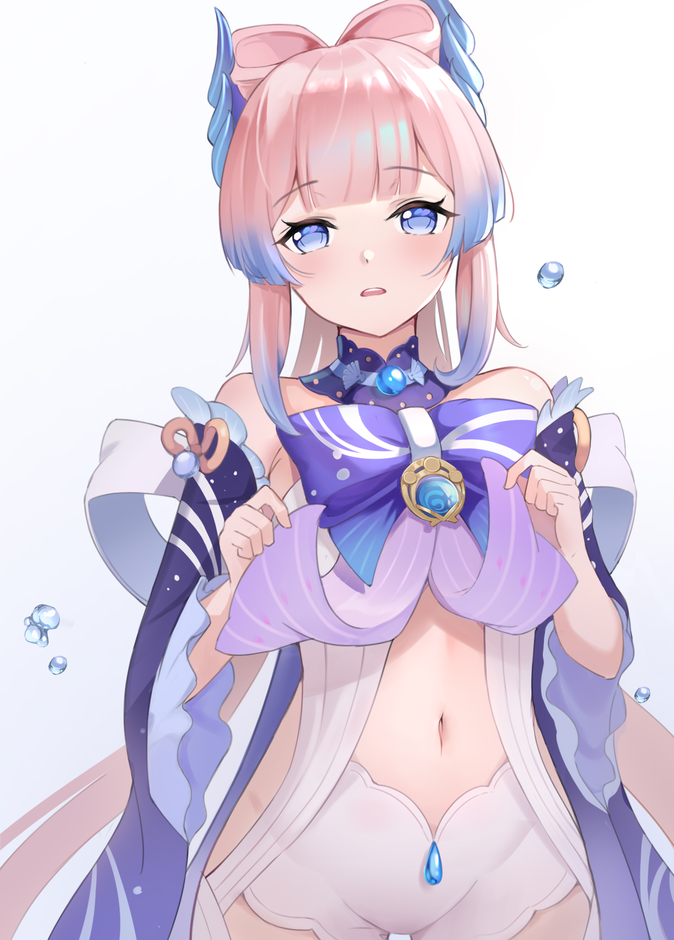 1girls, amco, belly, belly button, blue eyes, blush, bow, clothes lift, clothing, female, female only, genshin impact, hi res, lifted by self, light skin, light-skinned female, looking at viewer, navel, pale skin, pale-skinned female, pink hair, sangonomiya kokomi, seductive, short shorts, shorts, teasing