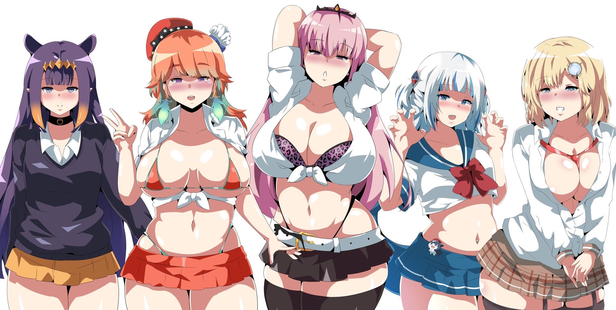 5girls, beret, big breasts, bra, bra cups sticking out, breasts, chef hat, cielr18, cleavage, female, female only, gawr gura, gyaru, hat, hololive, hololive english, hololive myth, huge breasts, long hair, mori calliope, multiple hats, navel piercing, ninomae ina'nis, orange hat, panties, red beret, red hat, school uniform, short hair, skimpy clothes, small breasts, tagme, takanashi kiara, takanashi kiara (1st costume), underwear, virtual youtuber, watson amelia