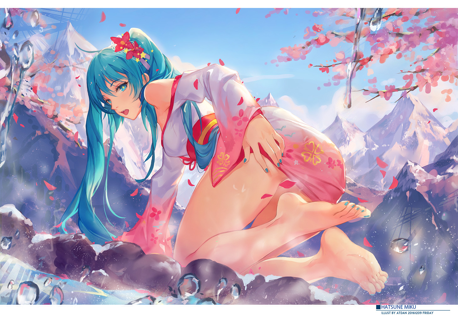 1girl, 2016, ahoge, all fours, aqua eyes, aqua hair, aqua nails, artist name, ass, atdan, bangs, bare legs, bare shoulders, barefoot, blue eyes, blue hair, blue nails, blue sky, blue toenails, breasts, character name, cherry blossom, convenient censoring, covering ass, dated, day, dutch angle, eyelashes, feet, female, fingernails, floral print, flower, hair between eyes, hair flower, hair ornament, hair ribbon, hand on ass, hatsune miku, japanese clothes, kimono, legs, letterboxed, long hair, long sleeves, looking at viewer, looking back, matching hair and eye color, medium breasts, mountain, nail polish, no panties, obi, off shoulder, on ground, onsen, open mouth, outdoors, petals, print kimono, red flower, revision, ribbon, robe, sash, short kimono, sky, snow, soles, solo, star, star (symbol), star-shaped pupils, steam, symbol-shaped pupils, tied hair, toenail polish, toenails, toes, twintails, very long hair, vocaloid, wafuku, water, water drop