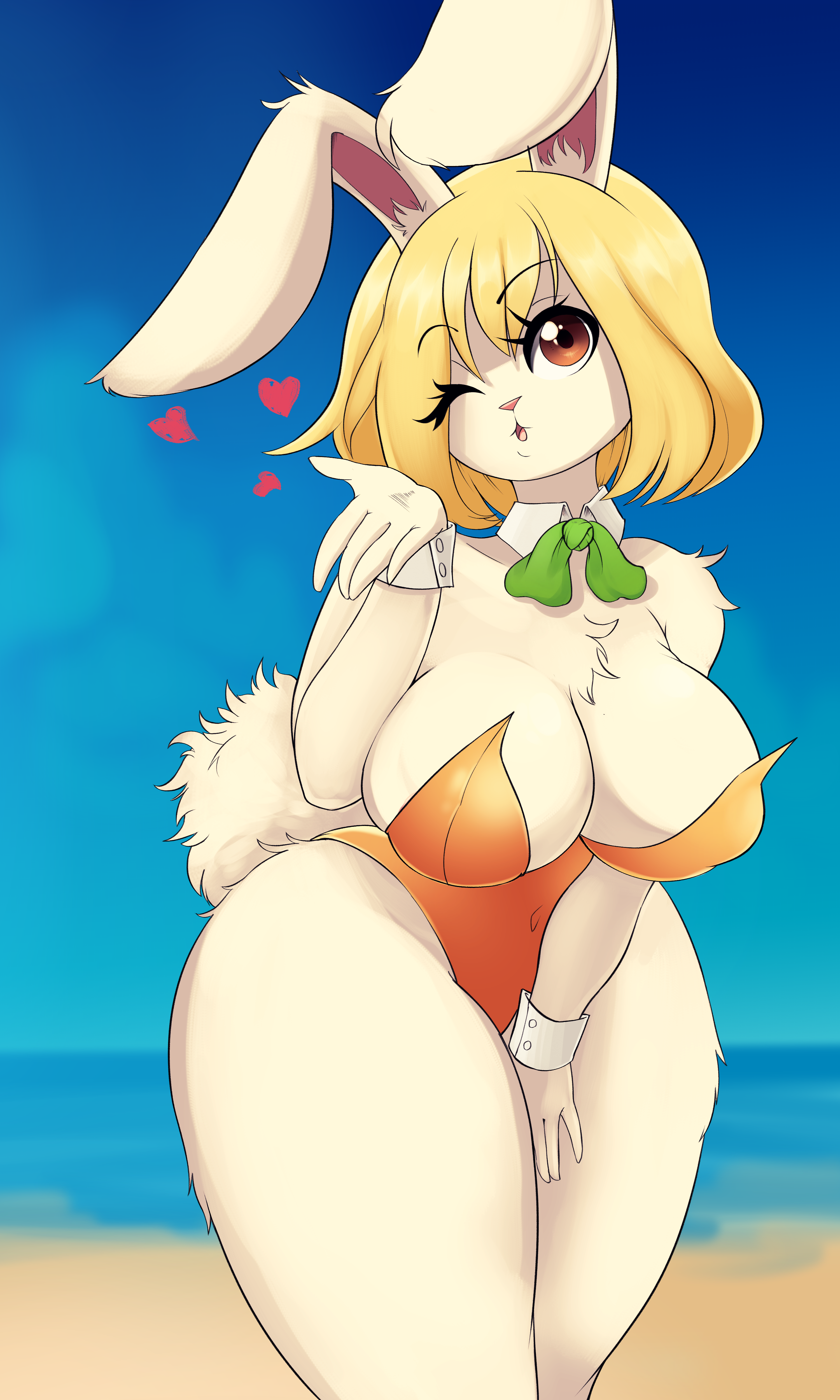 1girls, absurd res, anthro, barely clothed, beach, big breasts, blonde hair, blowing kiss, bowtie, breasts, bunny ears, bunny girl, bunny tail, bunnysuit, carrot (one piece), cleavage, clothed, clothing, color, colored, faejunkie, female, female only, fluffy, fluffy tail, fur, furry, furry ears, furry only, furry tail, heart, hi res, highres, hips, looking at viewer, navel, nipple bulge, one piece, rabbit, rabbit ears, rabbit humanoid, rabbit tail, red eyes, short hair, solo, tail, thick thighs, thighs, white fur, wide hips, wink, winking at viewer