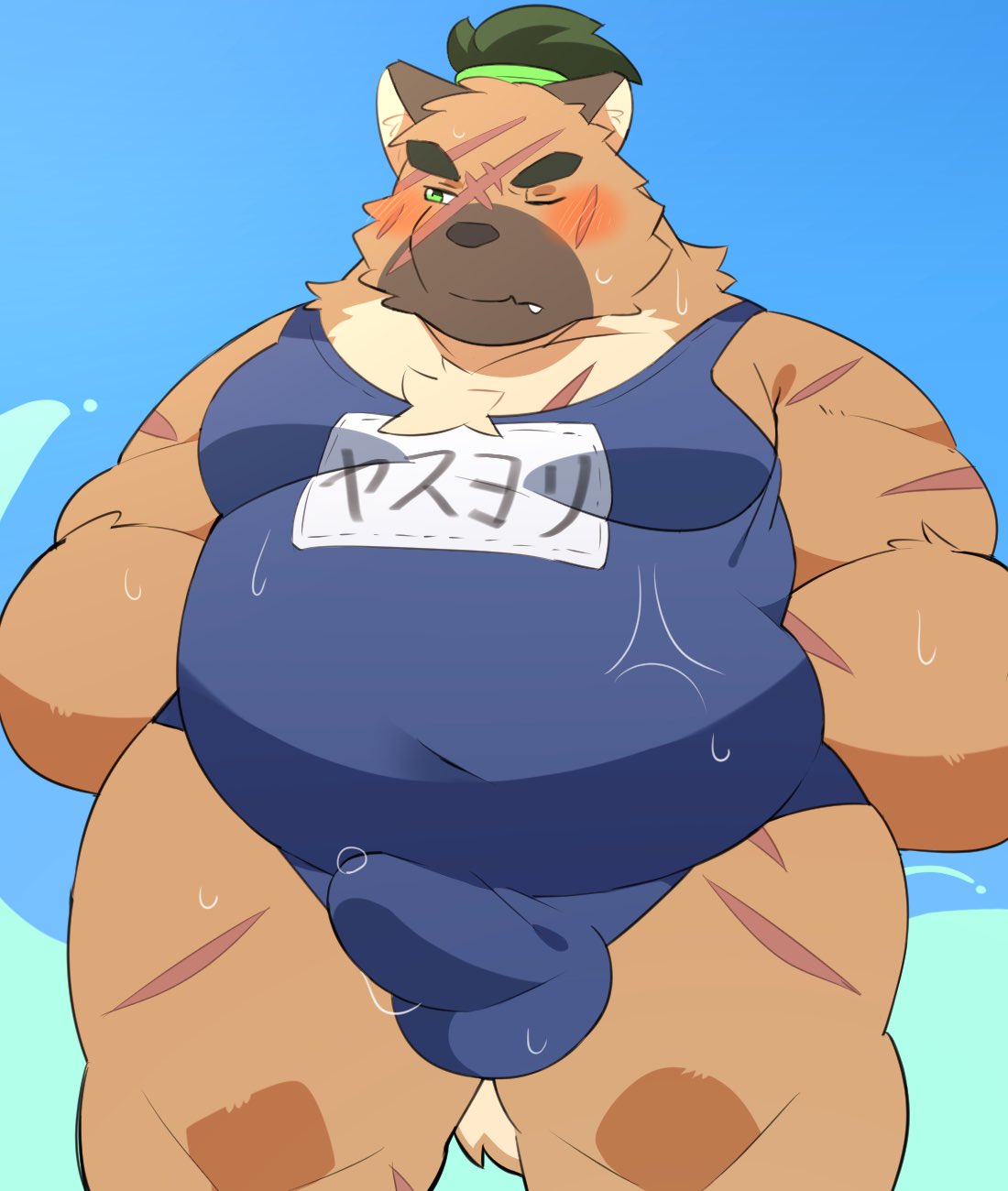 0119_muu 2021 anthro balls_outline belly big_belly black_nose blush brown_body brown_fur bulge canid canine canis clothing domestic_dog fur genital_outline hi_res japanese_text kemono male mammal one-piece_swimsuit overweight overweight_male penis_outline scar school_swimsuit solo solo_male swimwear text tokyo_afterschool_summoners video_games yasuyori