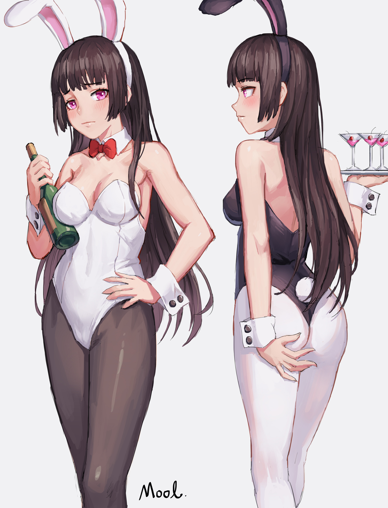 animal ears, ass, bare shoulders, black hair, black legwear, blush, bottle, breasts, bunny ears, bunny girl, bunny tail, bunnysuit, cleavage, cocktail glass, cup, detached collar, drinking glass, female, hand on hip, high resolution, hime cut, looking at viewer, medium breasts, mool yueguang, multiple views, original, pantyhose, purple eyes, simple background, standing, tail, white background, white legwear, wrist cuffs