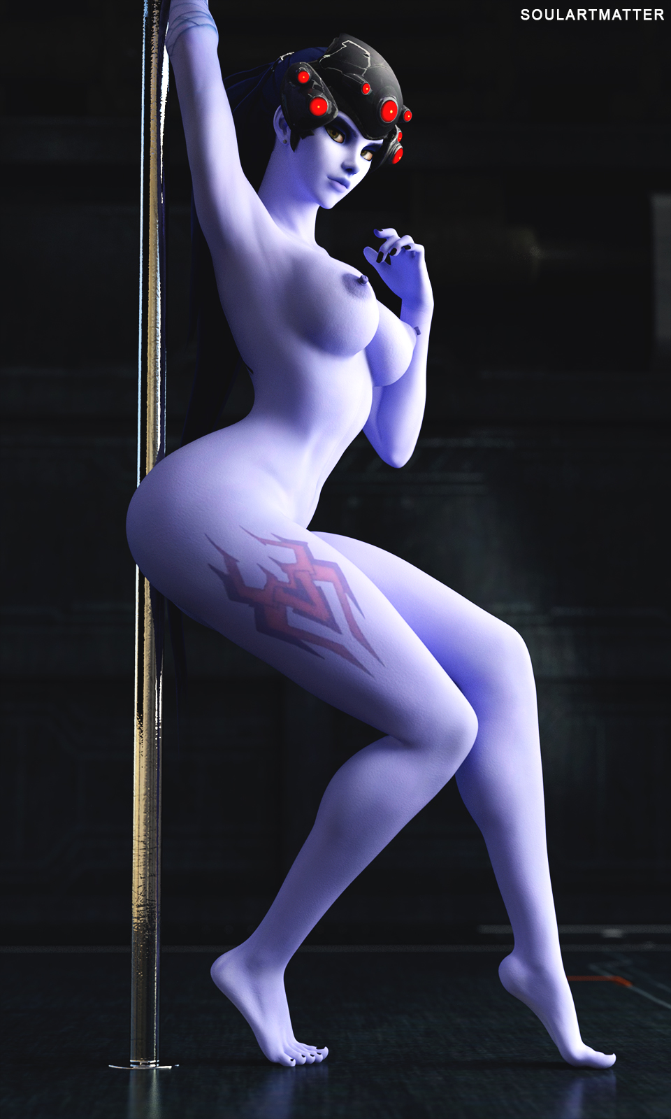 1girls, 3d, black toenails, feet, female, nude, nude female, overwatch, pole between ass, solo, soulartmatter, stripper, stripper pole, widowmaker
