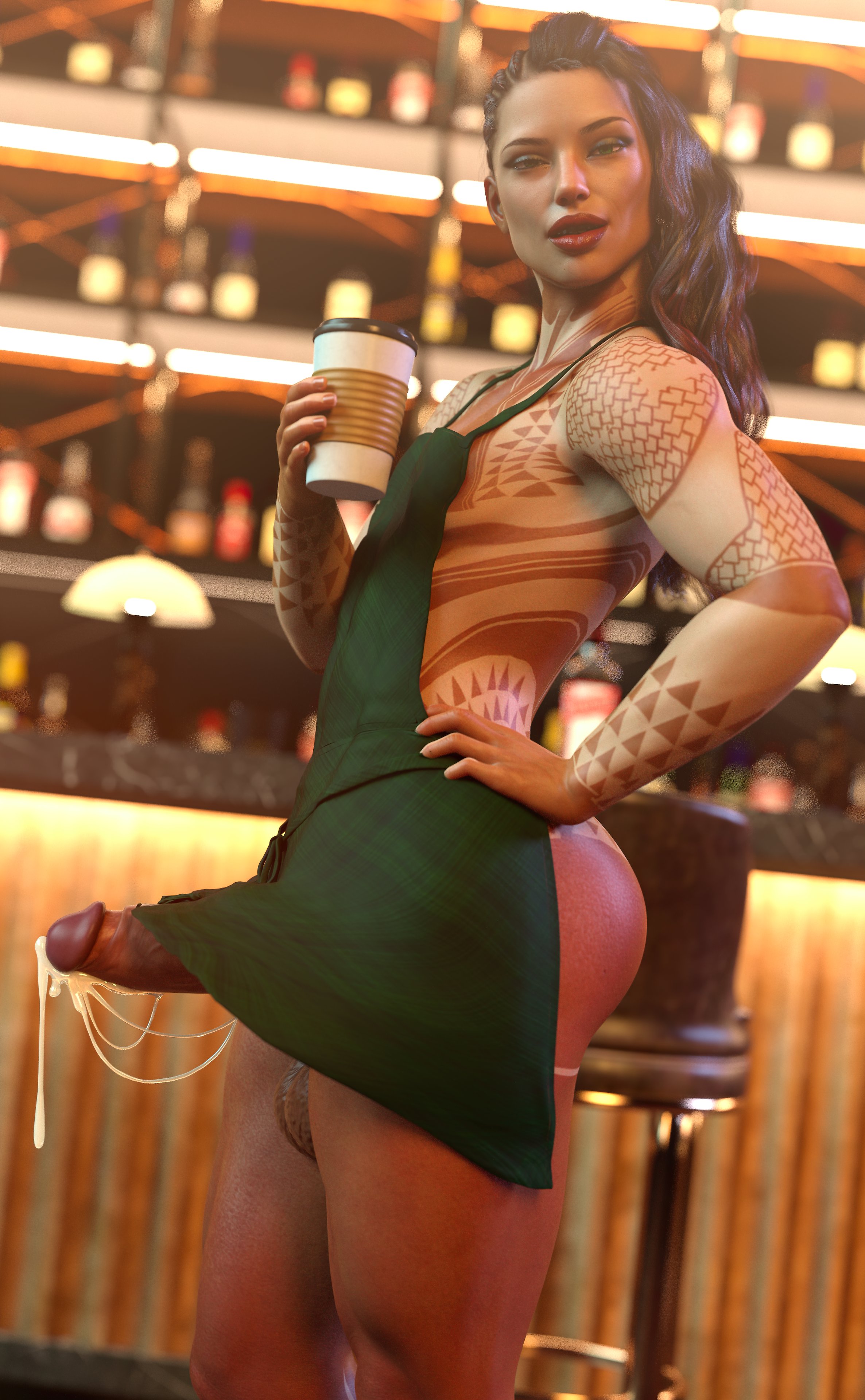 1boy, 3d, balls, big penis, breasts, bryn, brynhildr93, cum, cum drip, cum dripping from penis, erection, femboy, girly, iced latte with breast milk, iced latte with dick milk, male, male only, meme, penis, slave, solo, tattoo, trap
