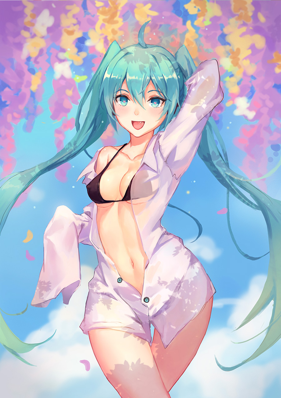 :d ahoge aqua_eyes aqua_hair atdan bikini bikini_top black_bikini black_bikini_top blue_eyes blush breasts cleavage curvaceous dress_shirt erect_nipples female female flower green_hair hatsune_miku heart heart-shaped_pupils high_resolution long_hair long_sleeves looking_at_viewer medium_breasts navel nipples oerba_yun_fang one_arm_up open-mouth_smile open_clothes open_mouth open_shirt shirt sketch sleeves_past_wrists smile solo swimsuit symbol-shaped_pupils tied_hair twintails very_long_hair vocaloid wide_hips