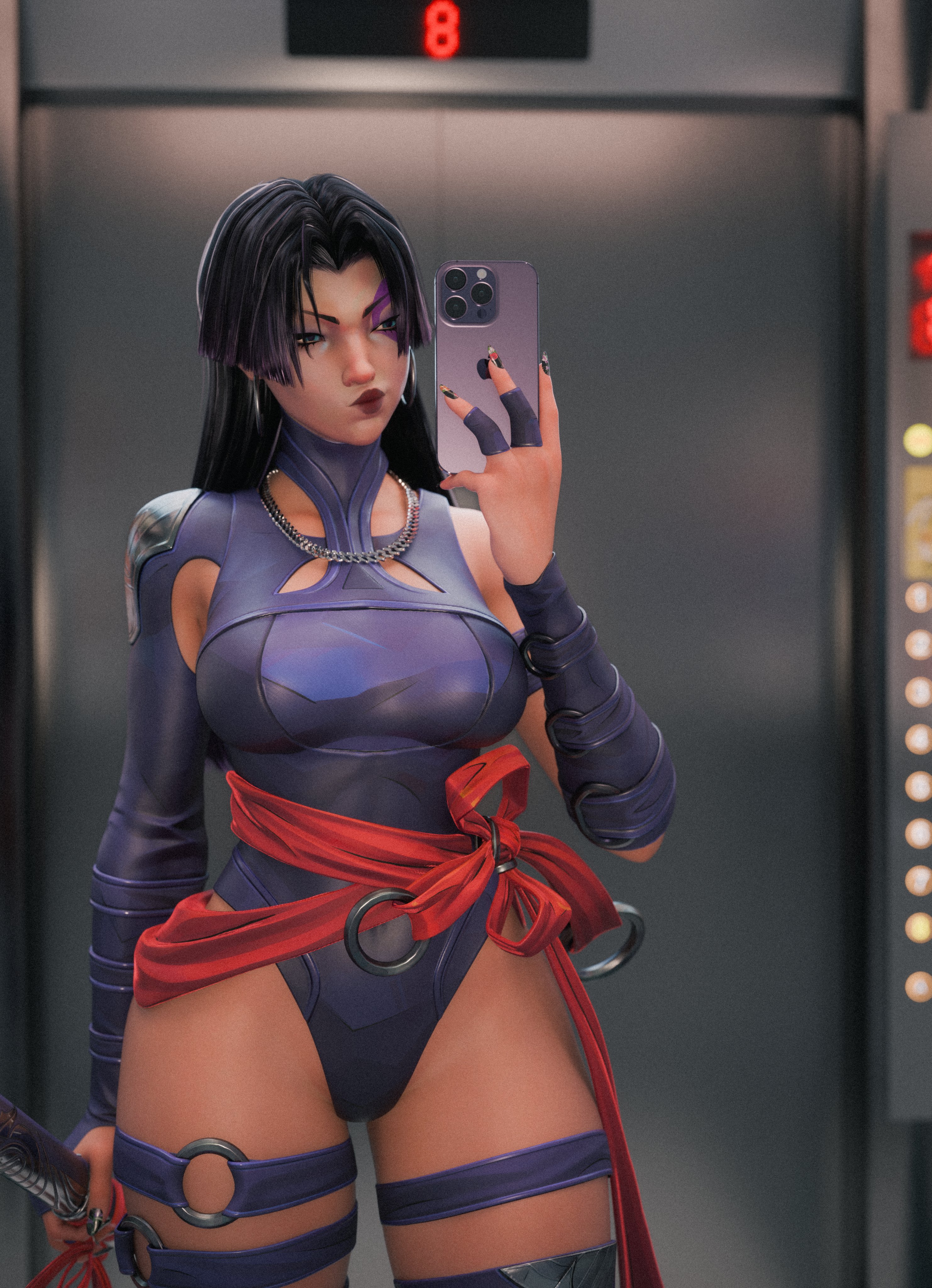 1girls, 3d, 3d (artwork), asian, asian female, big breasts, black hair, black lipstick, clothing, curvy body, curvy female, curvy figure, disgusted expression, elevator, face markings, female only, holding object, holding phone, holding sword, holding weapon, japanese, japanese female, leotard, light skin, light-skinned female, lipstick, long hair, marvel, marvel comics, marvel rivals, mutant (marvel), official alternate costume, pale skin, pale-skinned female, phone, photo, poorlighting, psylocke, psylocke (marvel rivals), psylocke (sai) (vengeance), purple leotard, soles, solo, solo female, sword, thick thighs, tight clothing, video games, wide hips