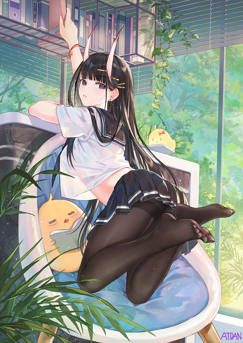 anthropomorphization artist_name ass atdan azur_lane bird black_hair black_skirt book bookshelf breasts brown_legwear chair chick clothes_pull clothing crop_top crop_top_overhang crotch_seam earrings feet female fine_fabric_emphasis hair_ornament hairclip hairpin high_resolution horns indoors jewelry large_breasts leaf legwear long_hair looking_at_viewer looking_back manjuu_(azur_lane) midriff midriff_peek miniskirt no_shoes noshiro_(azur_lane) one_arm_up oni_horns open_mouth panchira pantsu pantyhose parted_lips plant pleated_skirt purple_eyes sailor_collar school_uniform see-through serafuku shirt short_sleeves signature skirt skirt_lift skirt_pull solo thighband_pantyhose underwear uniform very_long_hair white_shirt window window_blinds wristband