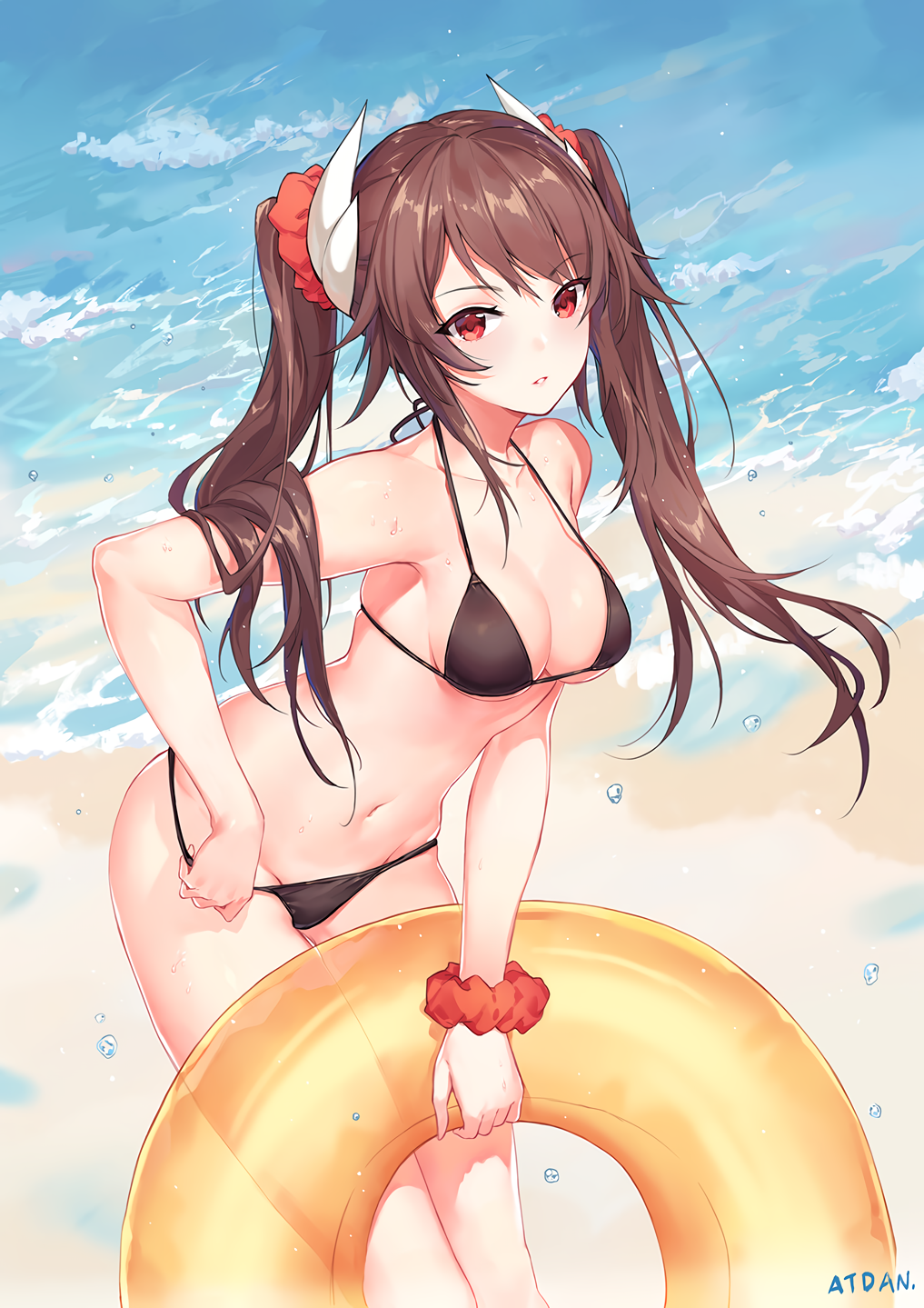 anthropomorphization atdan azur_lane beach bikini brown_hair female female female_only female_solo haruna_(azur_lane) high_resolution horns long_hair red_eyes solo swimsuit tied_hair twintails water water_float