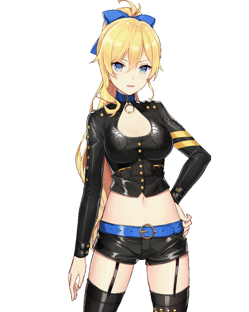 1girls, animated, atdan, belt, black legwear, black shirt, black shorts, blonde hair, blue bow, blue eyes, bow, breasts, buttons, cowboy shot, crop top, dress shirt, female, garter straps, girl cafe gun, hair between eyes, hair ornament, hairbow, hand on hip, hand up, heart, juno emmons (girl cafe gun), large breasts, large filesize, licking lips, light skin, light-skinned female, lingerie, live2d, long hair, long sleeves, looking at viewer, midriff, naughty face, navel, official art, one eye closed, open mouth, ponytail, shirt, short shorts, shorts, smile, solo, standing, stomach, thighhighs, thighs, tied hair, tongue, tongue out, transparent background