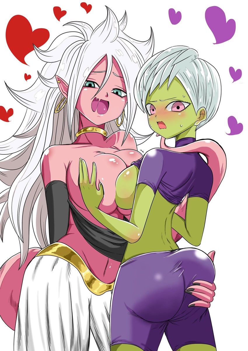 android_21 android_21_(good) ass_grab ass_grope bio-android_(dragon_ball) blue_eyes cheelai dat_ass dragon_ball dragon_ball_fighterz dragon_ball_super green_skin hoop_earrings hoop_earrings_oversized kazenoyobou majin_android_21 monster_girl pink_skin shounen_jump tagme yuri