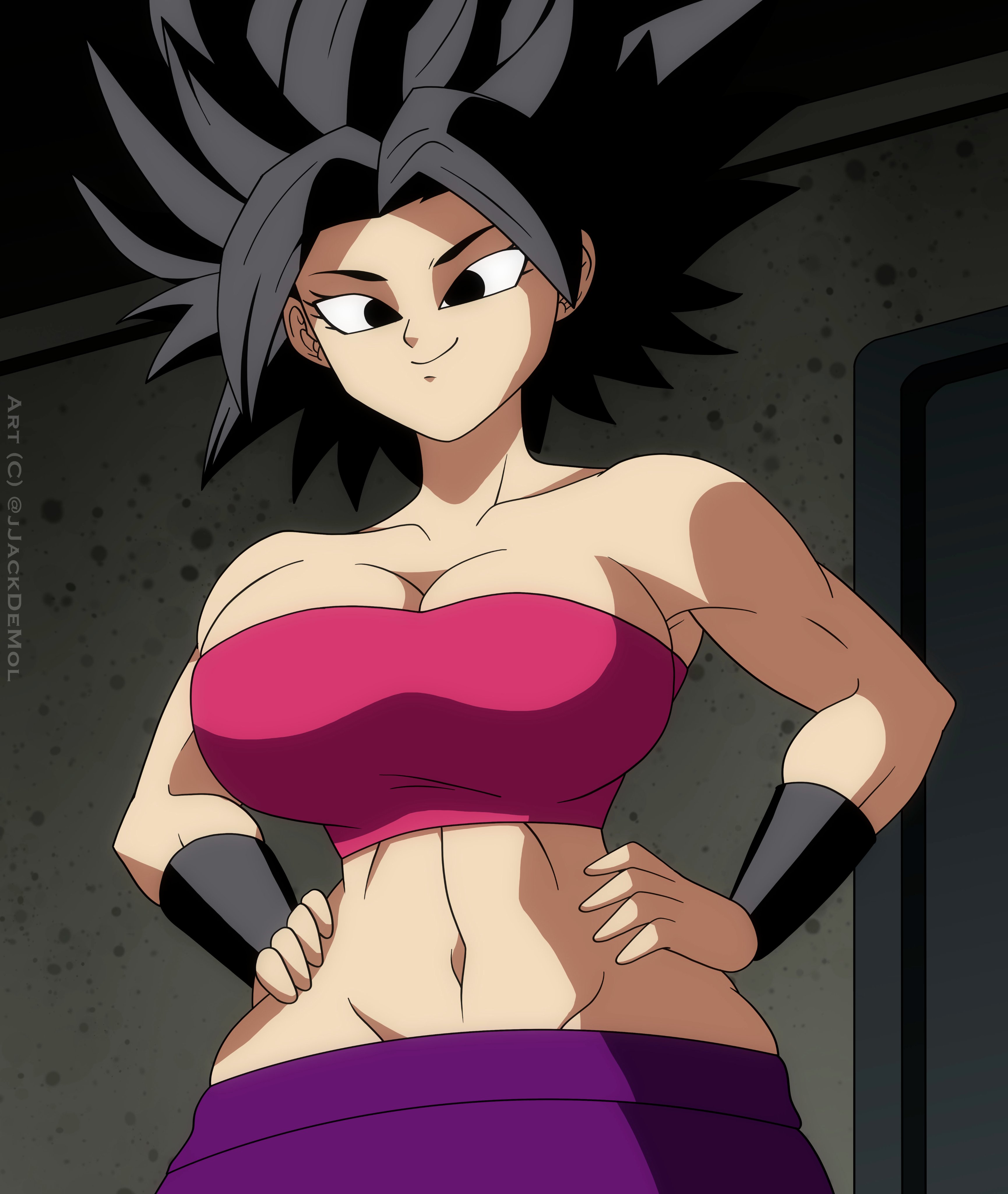 1girls, alien, alien girl, armlet, athletic, athletic female, big breasts, big hair, black eyes, black hair, blindstash, bracer, bracers, breasts, canonical scene, caulifla, cleavage, clothed, clothing, dragon ball, dragon ball super, female, female focus, female only, hands on hips, midriff, muscular, muscular female, navel, redraw, saiyan, smile, smiling, solo, solo female, solo focus, spiky hair, toned, toned female, tubetop, wide hips