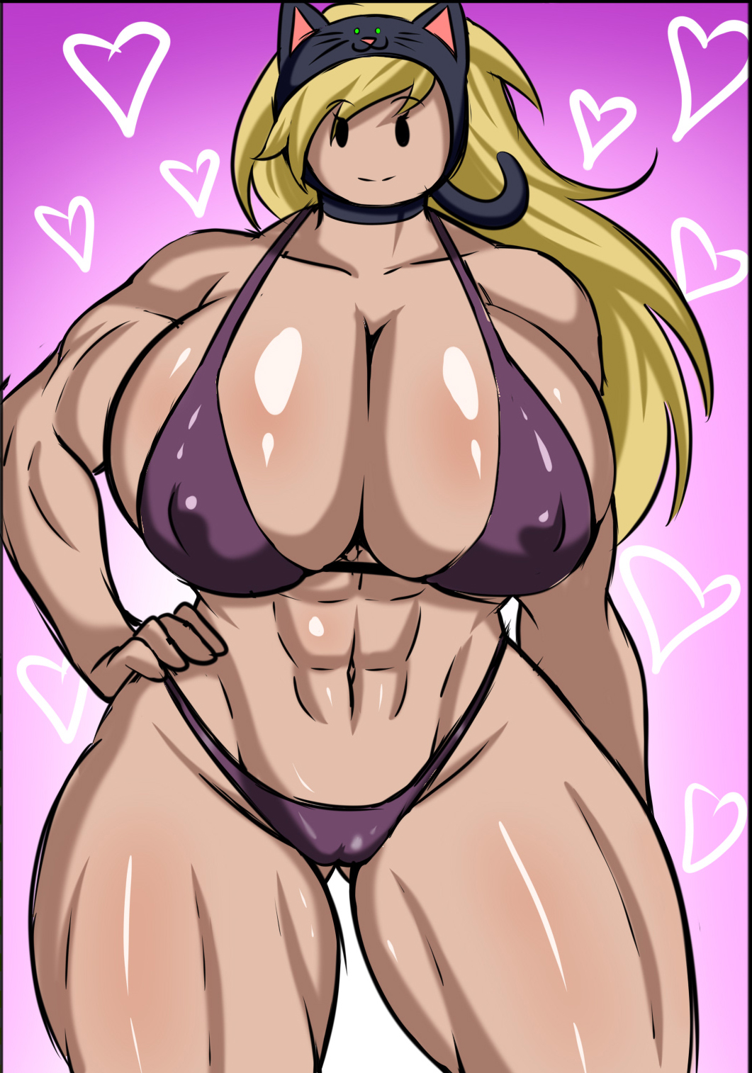 :), :3, abs, adventure time, big breasts, bikini, blonde hair, breasts, cat ears, female, hand on hip, looking at viewer, mob face, muscular, raidon dimentional land, simple background, smile, susan strong, tagme, thick thighs