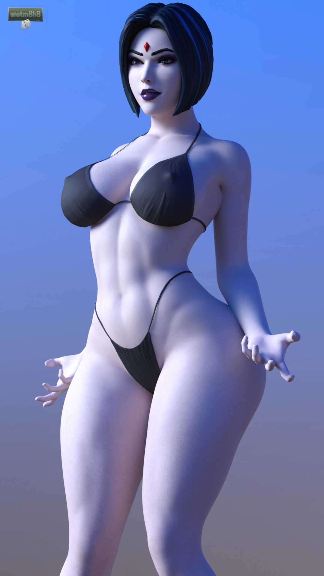 1girls, 3d, 3d (artwork), ass, big ass, big breasts, bikini, black bikini, black swimsuit, breasts, dc, dc comics, female, female only, forehead jewel, fortnite, goth, goth girl, looking forward, rachel roth, raven (dc), raven (fortnite) (dc), swimsuit, teen titans, thick thighs, wotm8h8