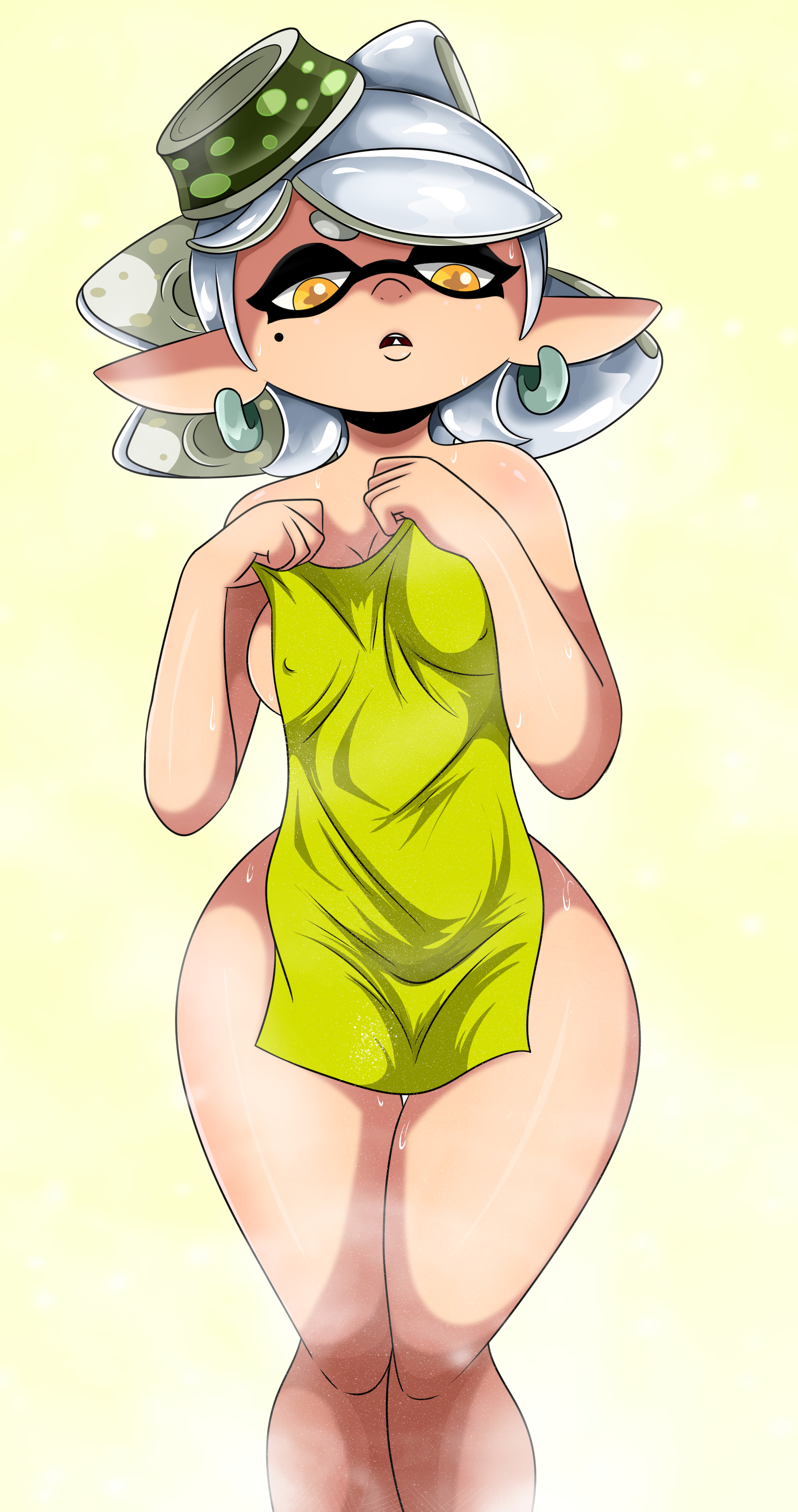 1girls, 9:16, bare shoulders, big breasts, breasts, cephalopod, cleavage, completely nude, covering, covering breasts, covering crotch, curvaceous, curvy, digital media (artwork), earrings, fangs, female, female only, green towel, hair, hair ribbon, half-closed eyes, hat, hi res, holding object, inkling, large breasts, legs together, light skin, light-skinned female, long ears, looking down, marie (splatoon), marine, mole, mole under eye, naked, nintendo, nipple bulge, nude, nude female, open mouth, pointy ears, shiny skin, sideboob, simple background, small towel, sonson-sensei, splatoon, standing, star shaped pupils, steam, teeth, tentacle hair, thick thighs, thighs, towel, unusual anatomy, unusual eyes, unusual pupils, wet, white hair, wide hips, yellow eyes