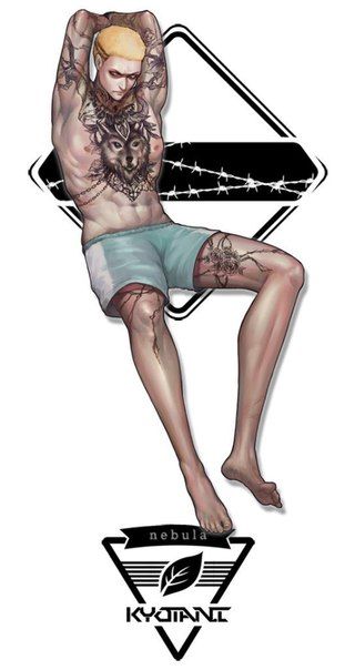 black_streaks blonde_hair kyotani_kentaro pose tattoos tealish_blue_shorts