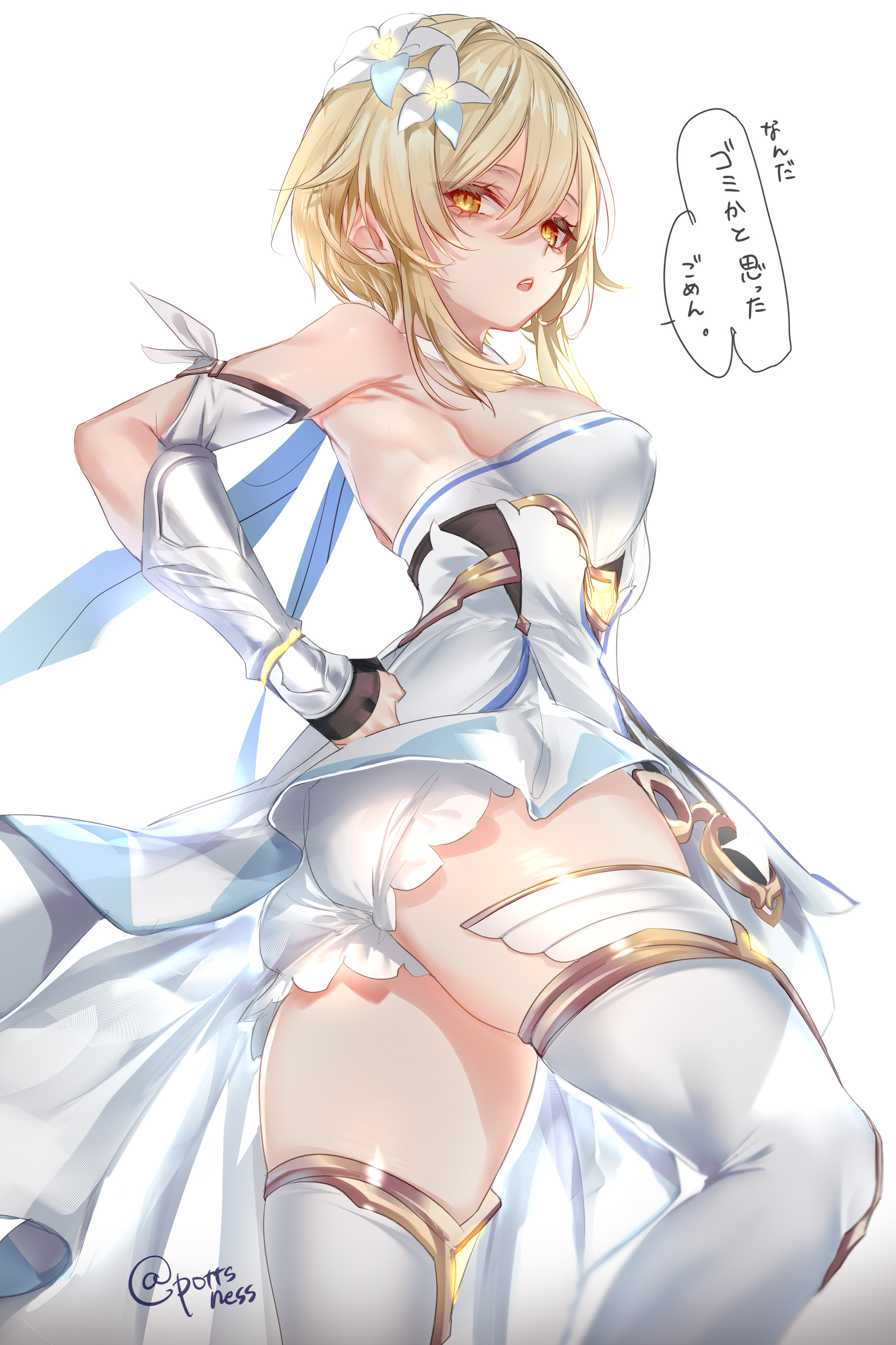 1girls, big breasts, blonde hair, bloomers, blush, breasts, dress, female, genshin impact, hi res, japanese text, lumine (genshin impact), nipple bulge, pottsness, thick thighs, thighhighs, thighs, underwear, upskirt, yellow eyes