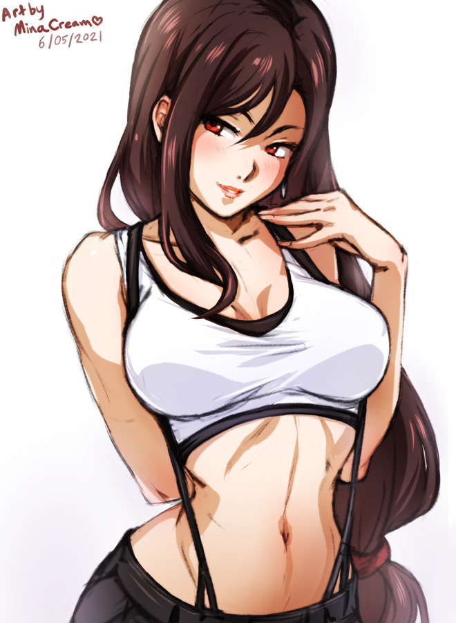 1girls, bare midriff, breasts, brown hair, brown-haired female, earrings, female, final fantasy, final fantasy vii, fully clothed, long hair, medium breasts, midriff, minacream, red eyes, smile, solo, suspenders, tank top, tifa lockhart, very long hair