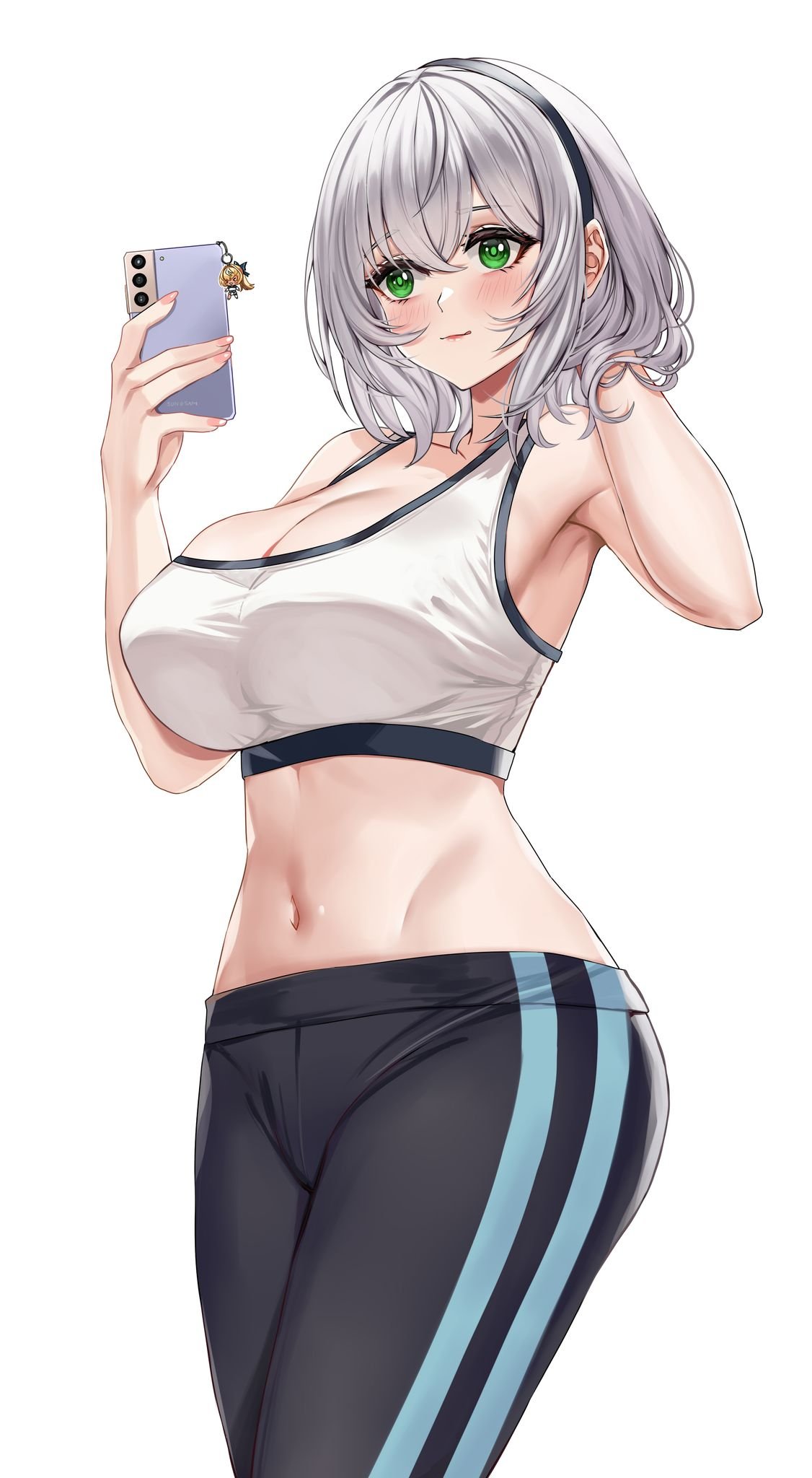 :q, 1girls, 2021, alternate version available, black hairband, breasts, cellphone, cleavage, closed mouth, eyebrows visible through hair, female, female focus, female only, green eyes, hair between eyes, hairband, highres, holding, holding phone, hololive, hololive fantasy, hololive japan, large breasts, midriff, navel, phone, piukute062, shirogane noel, short hair, silver hair, simple background, solo, solo female, solo focus, sports bra, tongue, tongue out, unfinished, unfinished background, virtual youtuber, white background, yoga pants