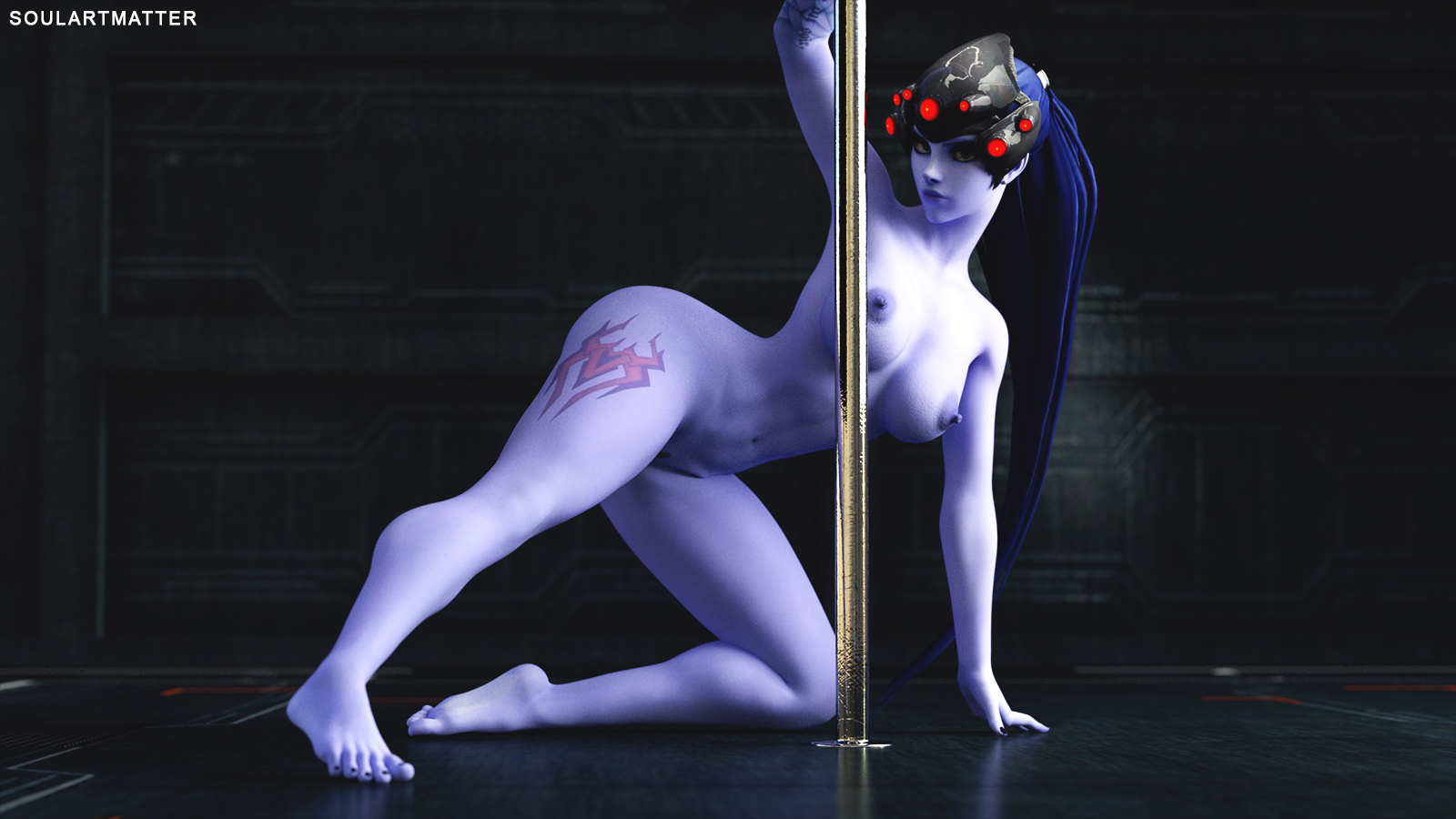 1girls, 3d, breasts, feet, female, nude, nude female, overwatch, purple toenails, solo, soulartmatter, stripper pole, widowmaker