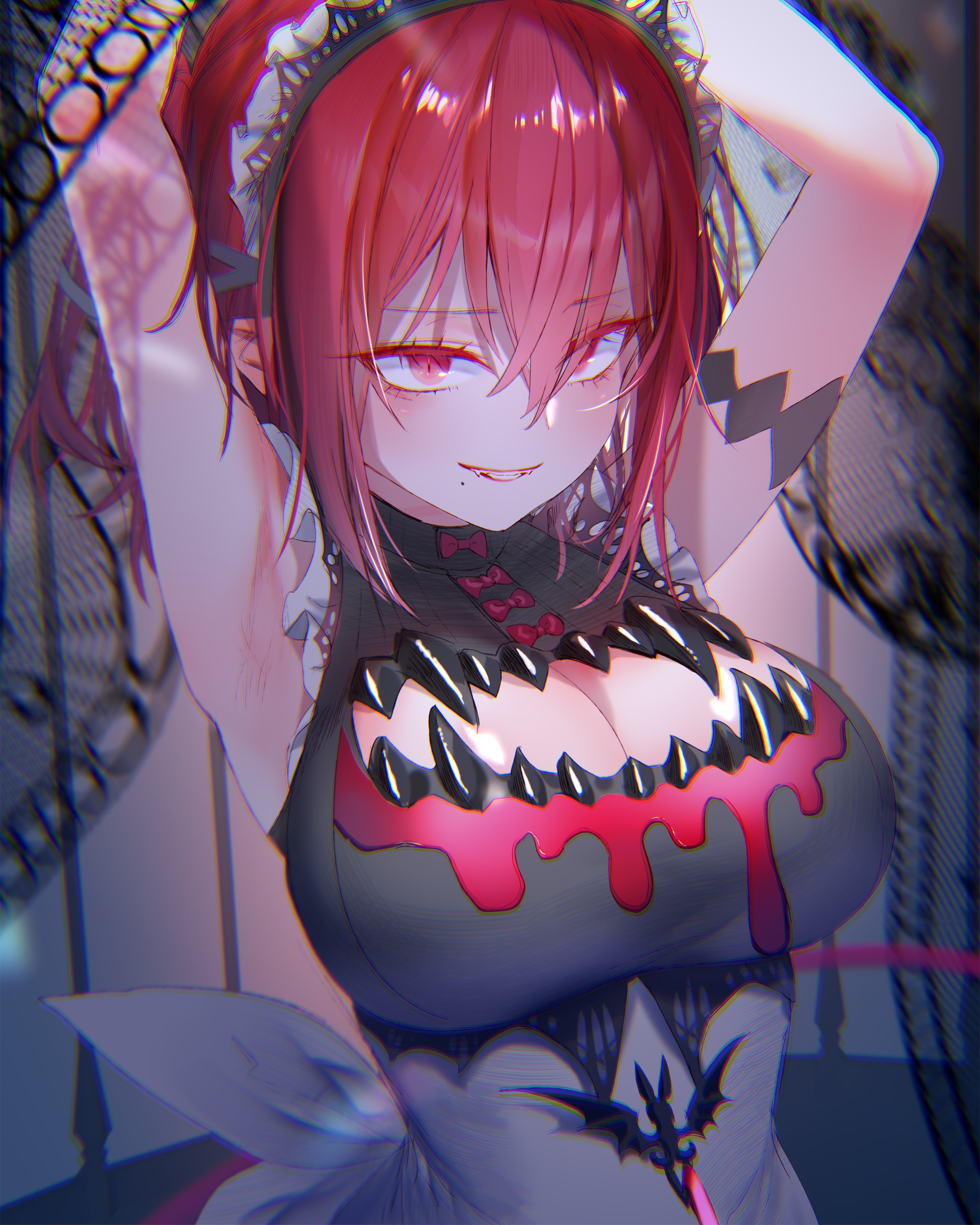 1girls, beauty mark, big breasts, boob window, breasts, dress, fangs, female, gothic, mole, mole under mouth, original, original character, pottsness, red eyes, red hair, tight clothing, vampire