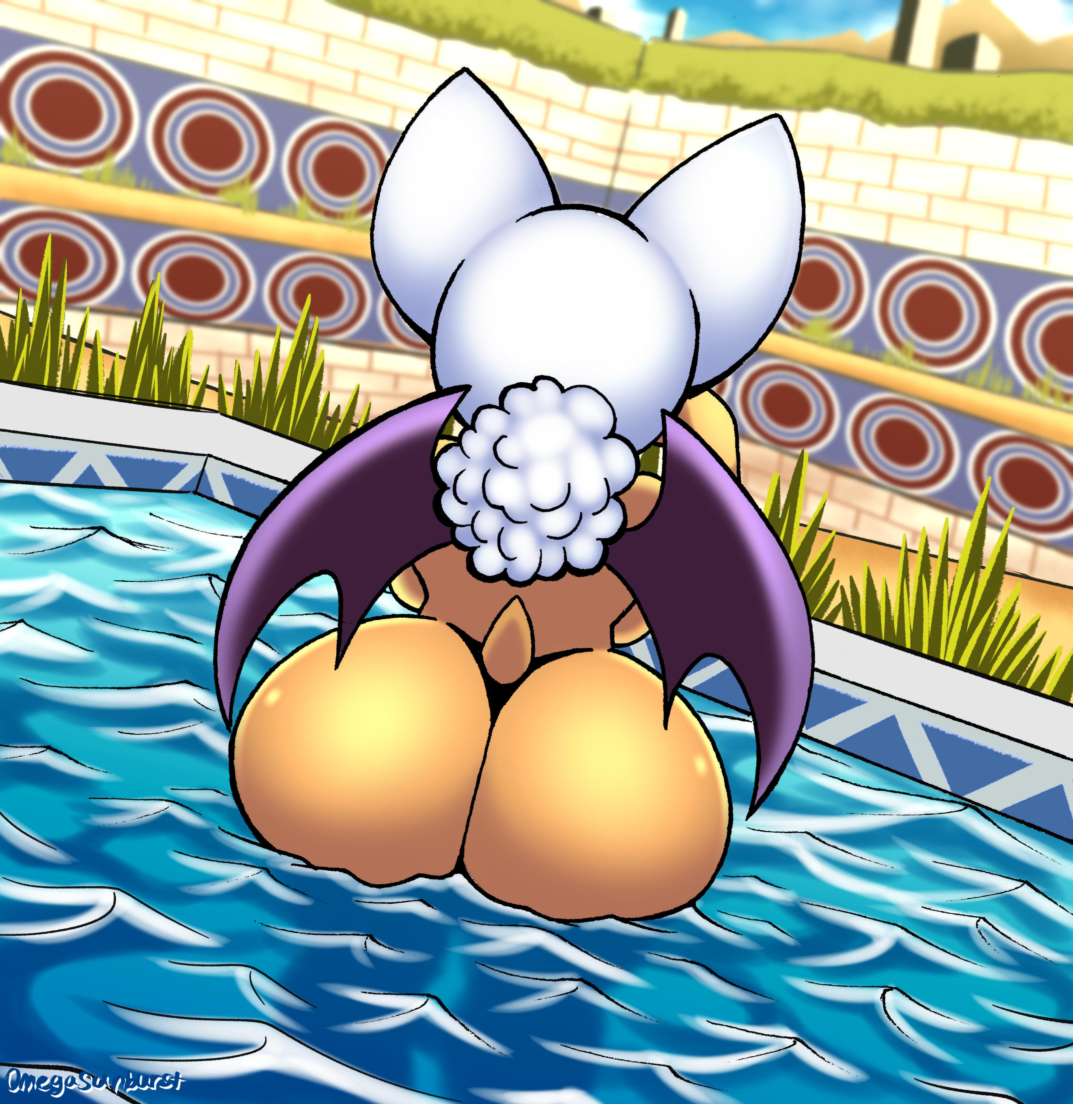 1girls, ass, ass crack, bat, bat wings, big ass, butt crack, color, colored, completely naked, completely nude, edit, female, female only, highres, huge ass, light skin, light-skinned female, line art, naked, nude, nude edit, nude female, omegasunburst, pool, poolside, rouge the bat, sega, sonic (series), sonic the hedgehog (series), third-party edit, water, watermark, white fur