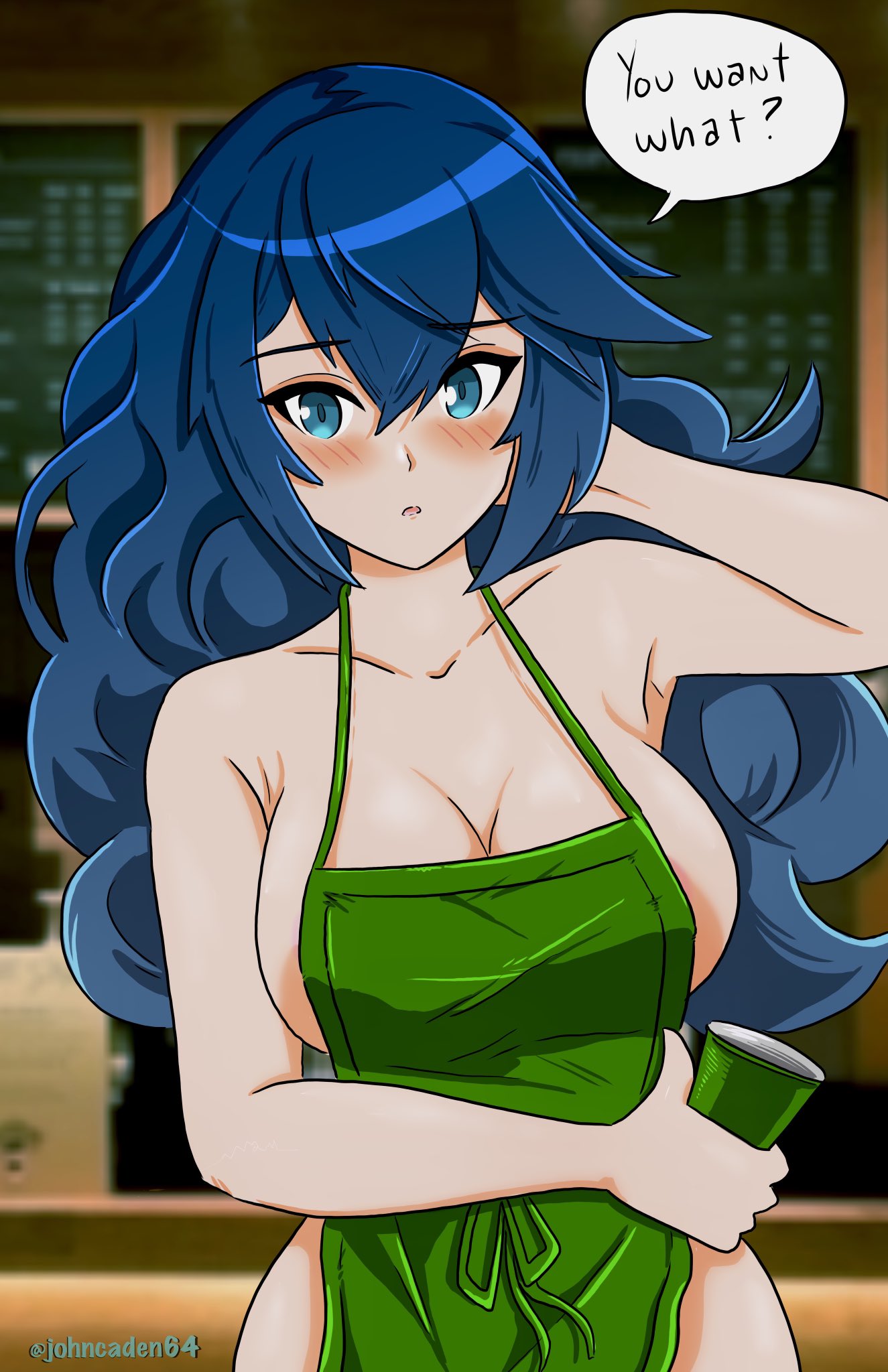 1girls, apron, bare shoulders, bare thighs, blue eyes, blue hair, breasts, cleavage, collarbone, english text, female, fire emblem, fire emblem awakening, hair between eyes, holding, holding cup, holding object, iced latte with breast milk, indoors, johncaden, large breasts, long hair, looking at viewer, lucina (fire emblem), meme, naked apron, nintendo, open mouth, sideboob, text, thighs, wavy hair