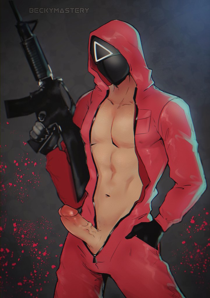 1boy 2021 abs beckymastery_(artist) gun holding_gun jumpsuit male male_only mask masked masked_male netflix penis pink_guard simple_background solo_male squid_game triangle_(squid_game) unzipped unzipped_bodysuit veiny_penis