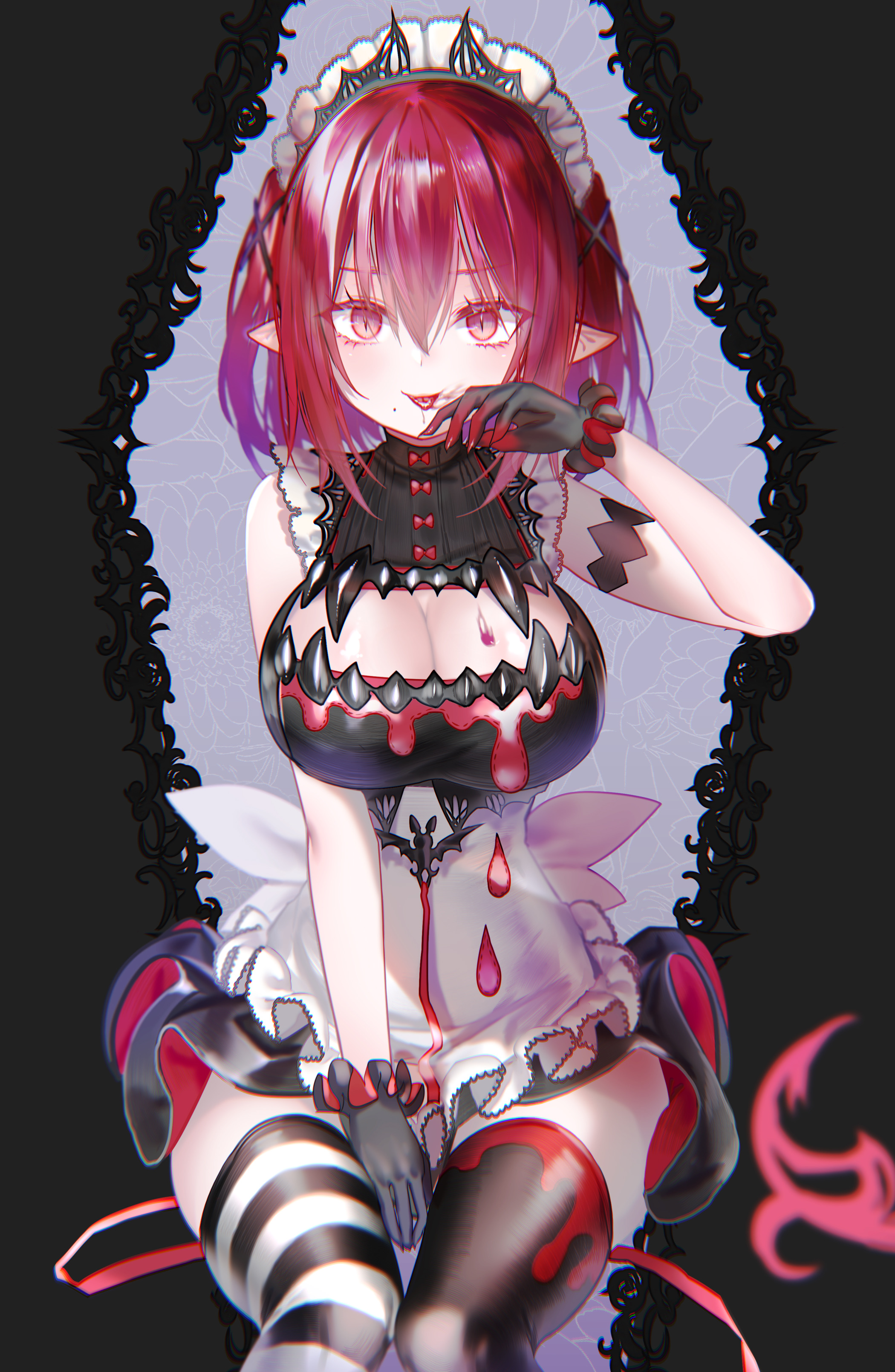 1girls, big breasts, blood, boob window, breasts, dress, female, gothic, original, original character, pointy ears, pottsness, red eyes, red hair, thick thighs, thighhighs, thighs, tight clothing, tongue, tongue out, vampire