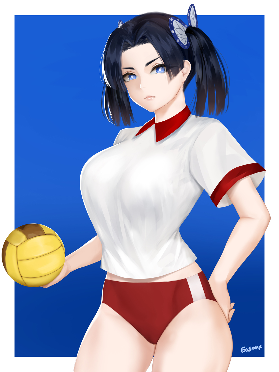 big breasts, black hair, bloomers, blue background, blue eyes, breasts, buruma, butterfly hair ornament, clothing, demon slayer, easonx, female, female only, gym uniform, hand on hip, kanzaki aoi (kimetsu no yaiba), kimetsu no yaiba, looking at viewer, realistic, solo, thick thighs, twintails