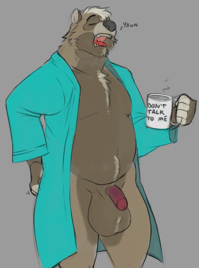 2021 anthro balls big_balls black_nose brown_body brown_fur canid canine closed_eyes clothed clothing cup fur genitals horrorbuns male mammal open_clothing open_robe overweight overweight_male penis raccoon_dog robe simple_background solo tanuki tired