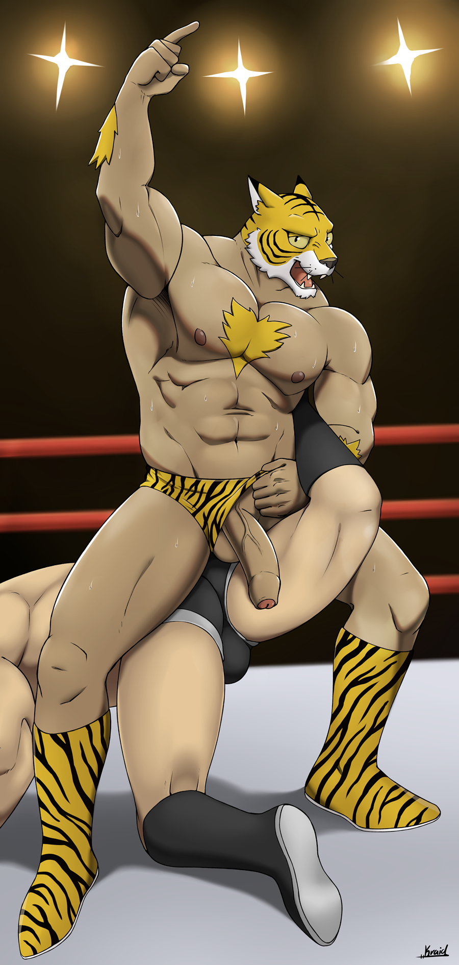 anthro duo felid genitals hi_res human kraidhiel luchador male male/male male_only mammal muscular mutafukaz pantherine penis testicles tiger tigre_(mutafukaz) wrestler