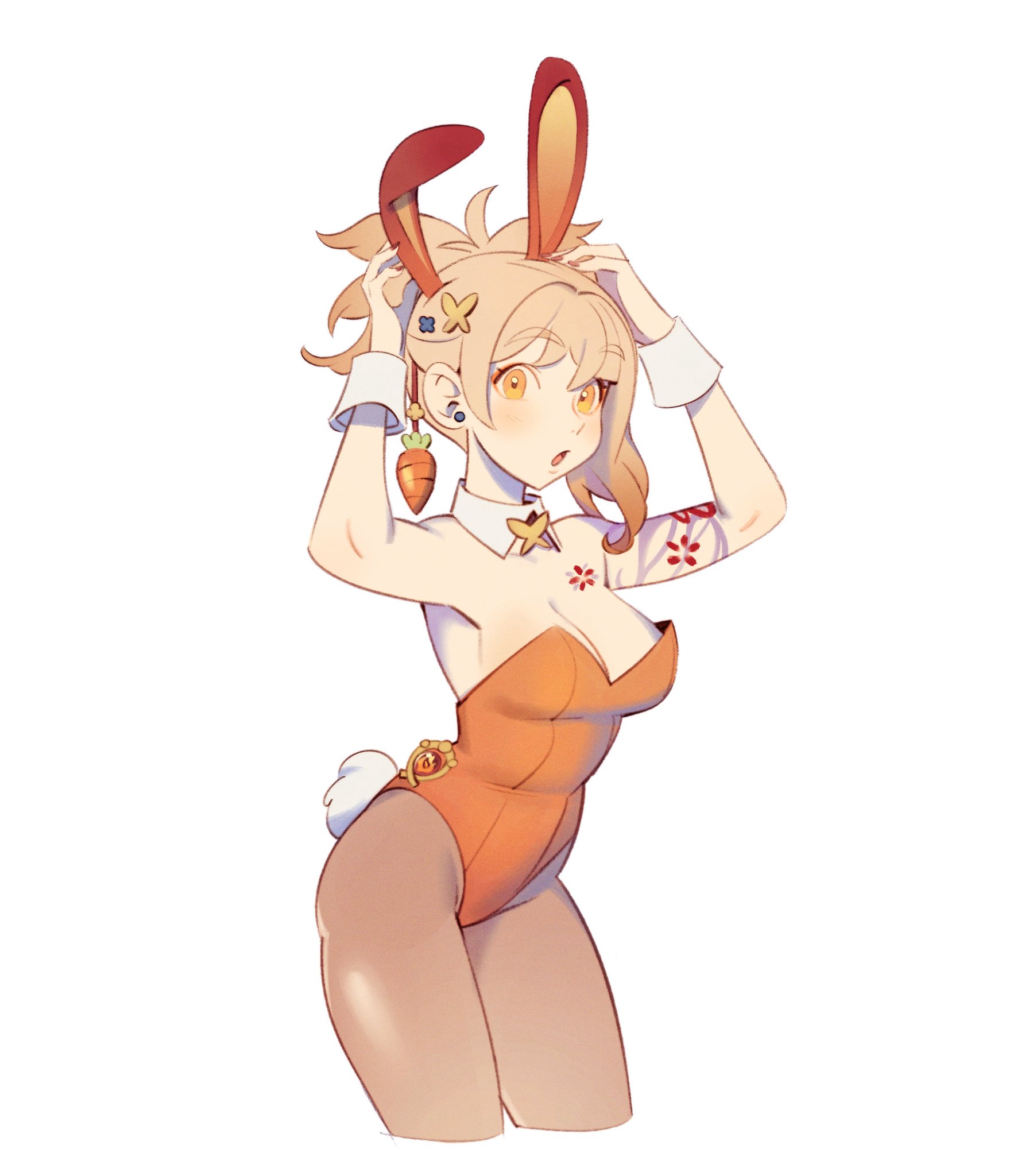 1girls, big breasts, blonde hair, blush, breasts, bunny ears, bunny girl, bunny tail, bunnysuit, female, genshin impact, lilyglazed, orange eyes, revealing clothes, tattoo, yoimiya (genshin impact)