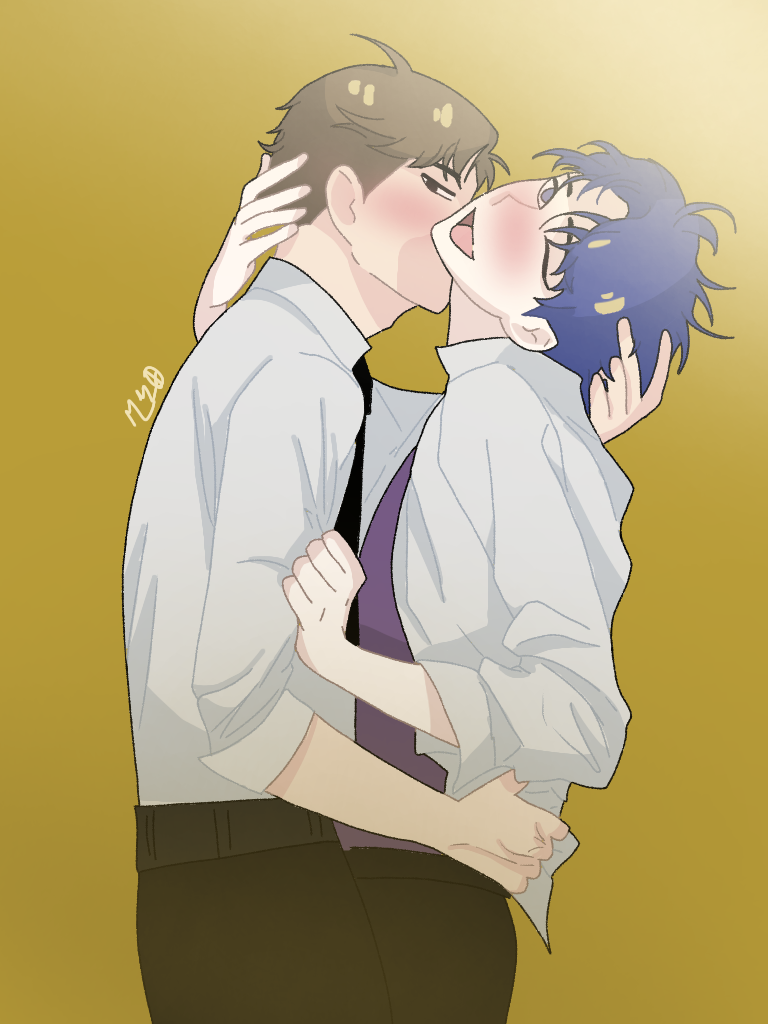 blue_hair blush brown_hair dress_shirt grabbing hug kissing kissing_neck male_only minecraft open_mouth rich scientist tie tj_smp tjsmp wink winking winking_at_viewer