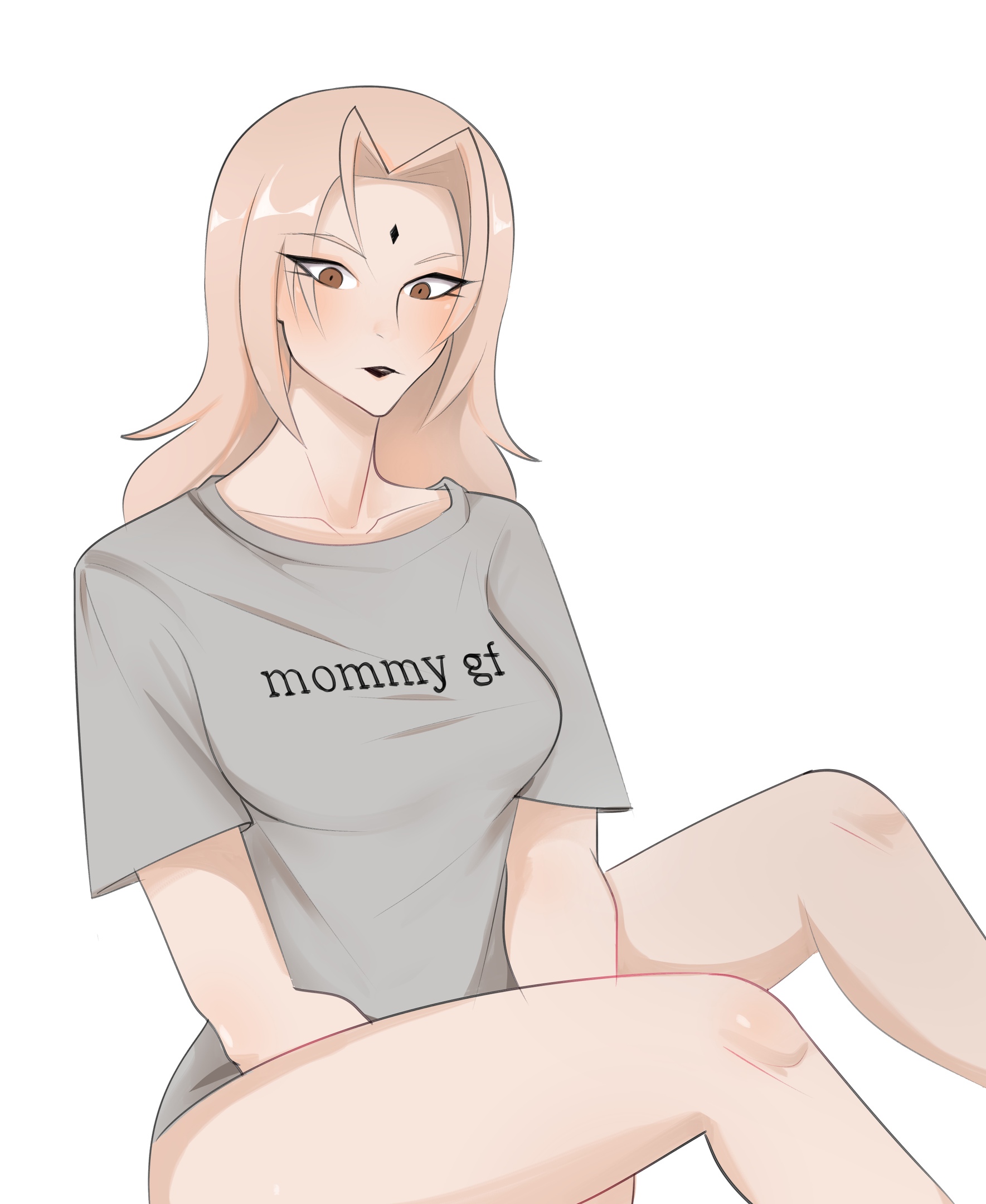 1girls, black lips, black lipstick, female, female focus, female only, lerimar, milf, naruto, naruto (classic), naruto (series), naruto shippuden, naruto: road to ninja, naruto: the last, no pants, partially clothed, russian, sfw, shirt, shirt only, simple background, tsunade, white background