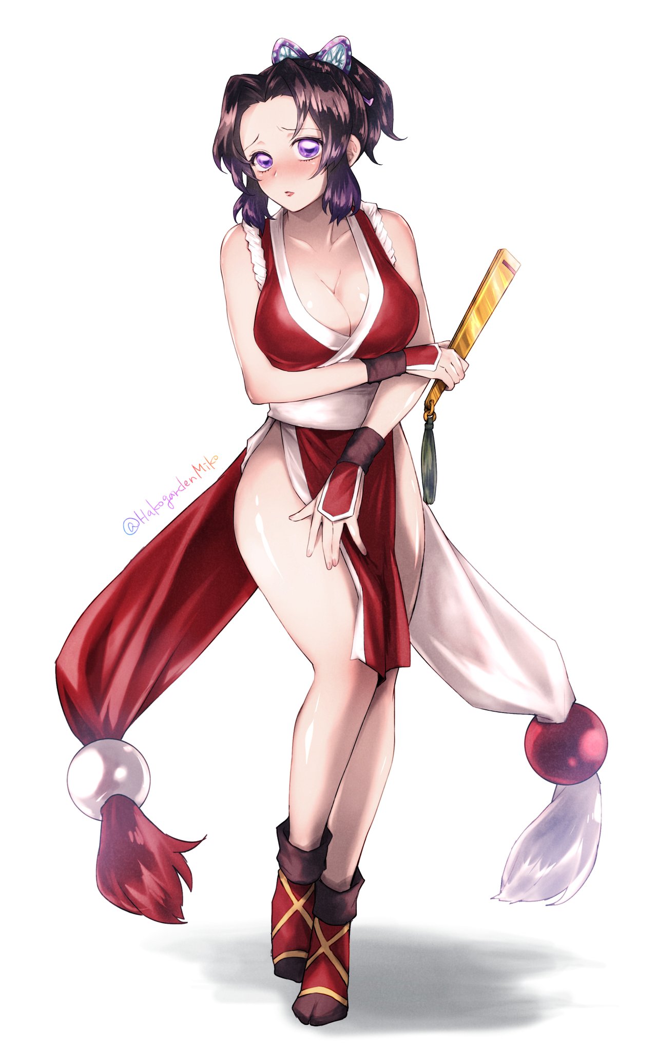 1girls, 2d, alternate costume, blush, butterfly hair ornament, cleavage, cosplay, dark hair, demon slayer, embarrassed, fan, female, female only, folding fan, footwear, full body, hakogardenmiko, hand fan, japanese clothes, kimetsu no yaiba, kochou shinobu, kunoichi, looking at viewer, mai shiranui (cosplay), no bra, no panties, ponytail, purple eyes, purple hair, purple-haired female, revealing clothes, solo, standing