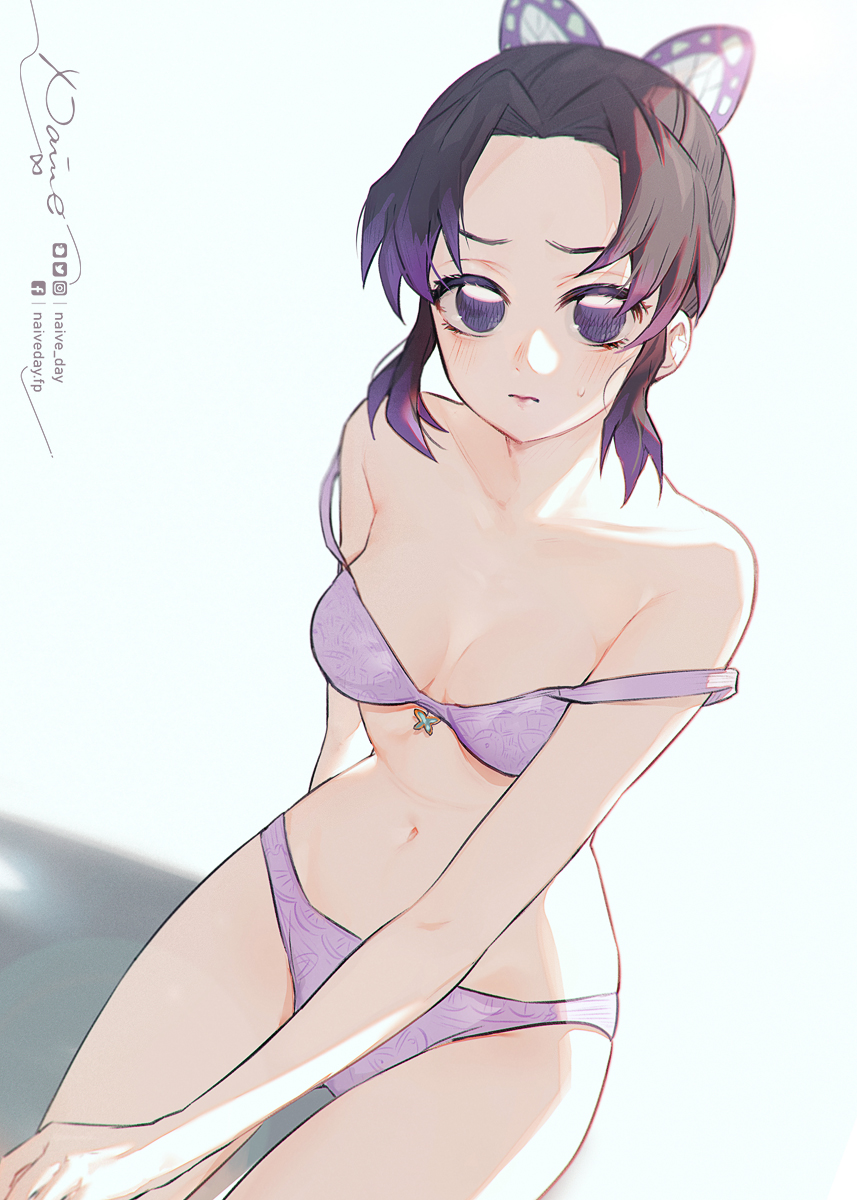 1girls, bare shoulders, blush, bra, breasts, butterfly hair ornament, dark hair, demon slayer, female, female focus, female only, frown, high-angle view, kimetsu no yaiba, kochou shinobu, looking at viewer, looking up, naive day, no pupils, panties, purple eyes, purple hair, purple-haired female, short hair, sitting, small breasts, solo, solo female, solo focus, sweatdrop, two-tone hair, underwear