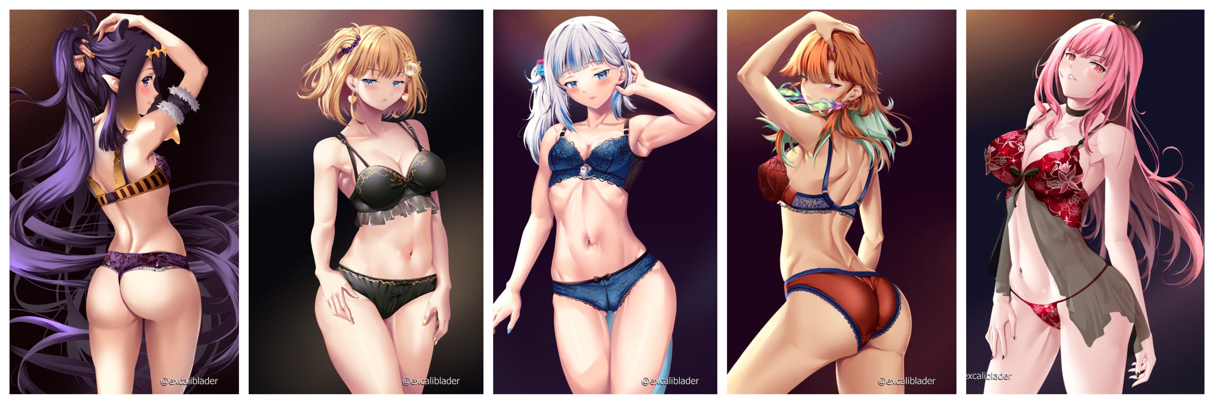 5girls, collage, excaliblader, female, gawr gura, highres, hololive, hololive english, hololive myth, lingerie, mori calliope, ninomae ina'nis, takanashi kiara, virtual youtuber, watson amelia