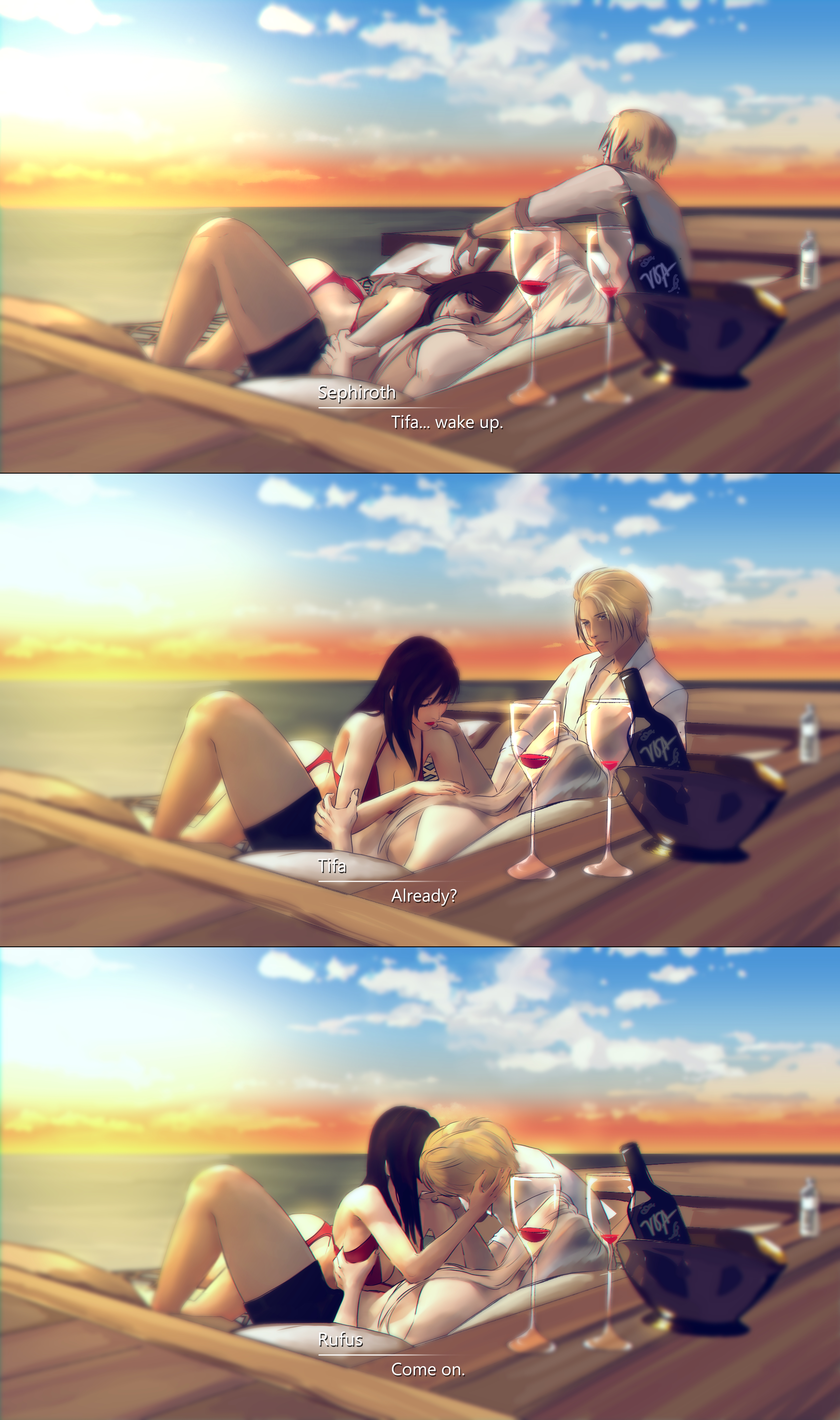 1girls, 2boys, beach, bikini, breast grab, breasts, disgrace, english text, female, final fantasy, final fantasy vii, final fantasy vii remake, hand on chest, kissing, lipstick, male, on top, out of character, polyamory, red bikini, red lipstick, rufus shinra, seaside, sephiroth, sky, sleeping, sleeping on person, summer, sunset, text, threesome, thruple, tifa lockhart, voaleine, wine bottle, wine glass