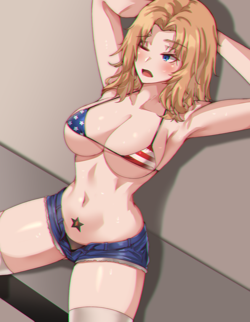 1girls american_flag_bikini armpits arms_behind_head arms_up bikini blonde_hair blue_eyes blue_shorts blurry breasts cleavage clyde_s commentary cutoffs denim denim_shorts english_commentary eyebrows_visible_through_hair female female_focus female_only flag_print fully_clothed girls_und_panzer hair_intakes kay_(girls_und_panzer) large_breasts long_hair micro_bikini micro_shorts navel one_eye_closed open_fly open_mouth revealing_clothes sexy_armpits shadow shorts sitting skindentation solo solo_female solo_focus stomach_tattoo sweat swimsuit tattoo thighhighs white_legwear