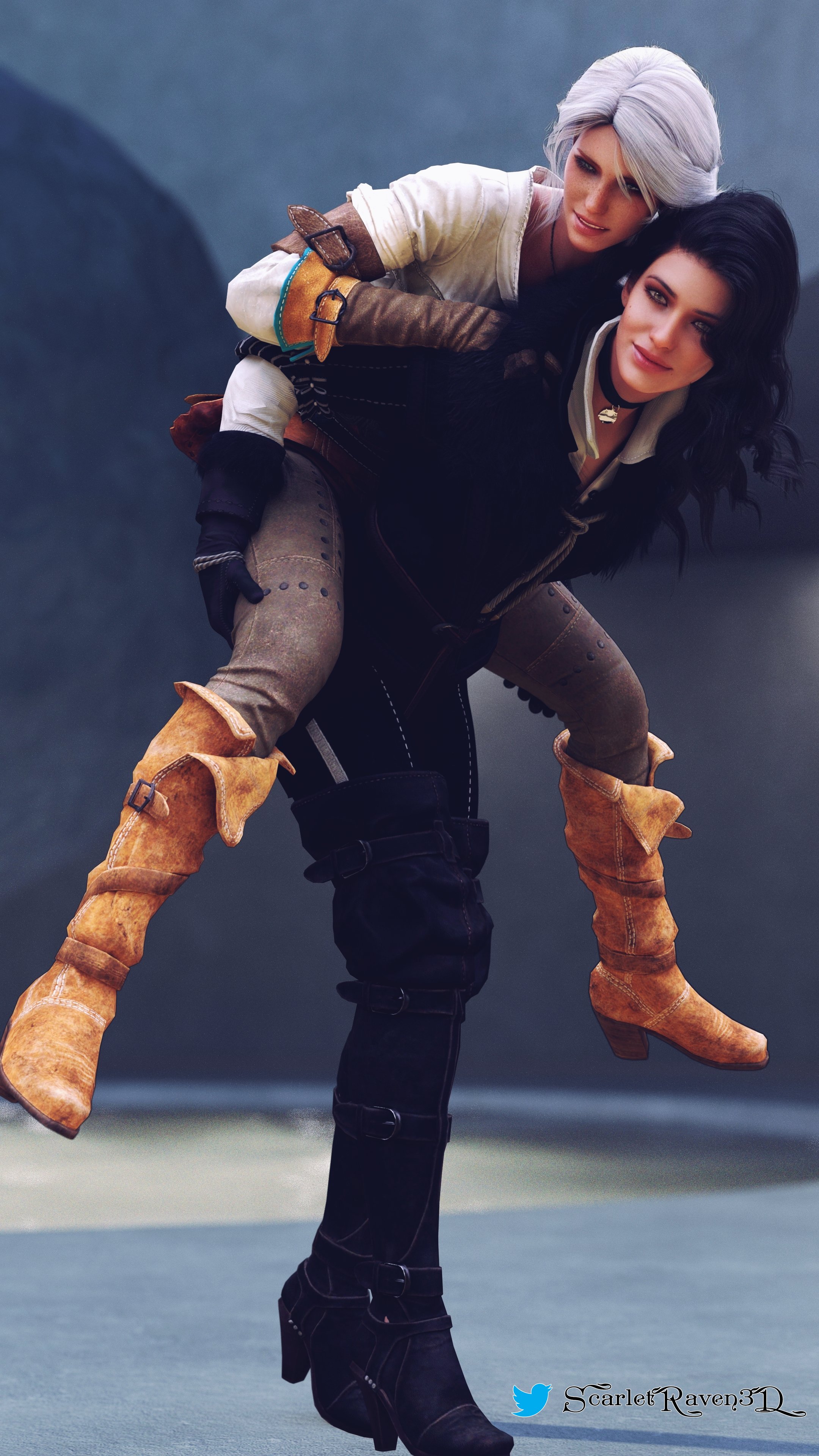 2girls, 3d, alternate version available, black gloves, black hair, brown gloves, cd projekt red, ciri, daz3d, female, gloves, pinup, riding, scarletraven3d, sfw, the witcher (series), the witcher 3: wild hunt, violet eyes, white hair, wholesome, yennefer