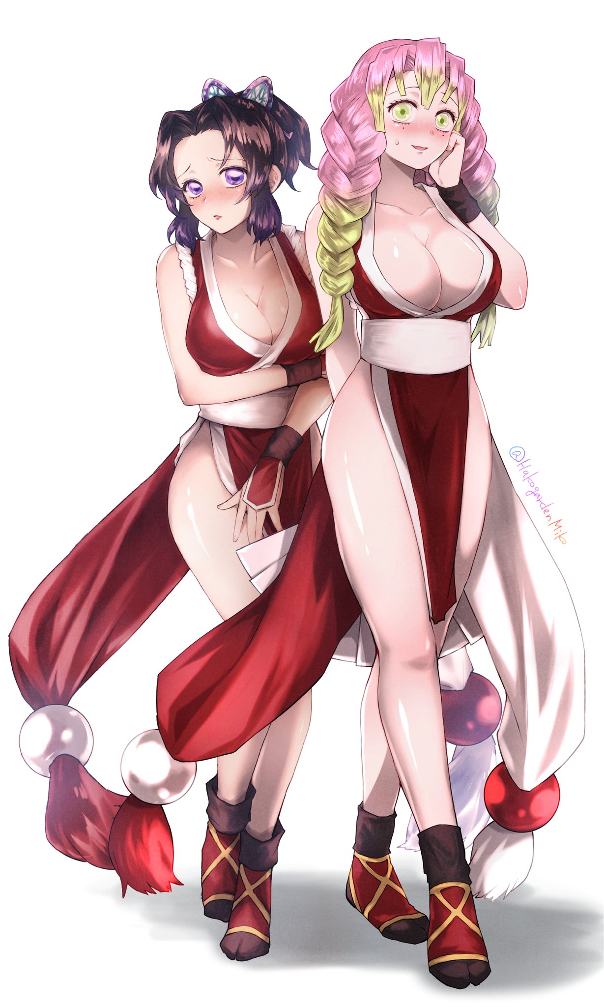 2girls, alternate costume, big breasts, black hair, blush, braid, braided hair, braided twintails, breasts, butterfly hair ornament, cleavage, cosplay, dark hair, demon slayer, fatal fury, female, female only, folding fan, footwear, full body, green eyes, green hair, hakogardenmiko, japanese clothes, kanroji mitsuri, kimetsu no yaiba, king of fighters, kochou shinobu, kunoichi, large breasts, long hair, looking at viewer, mai shiranui (cosplay), multicolored hair, multiple girls, pink hair, pink-haired female, ponytail, purple eyes, purple hair, purple-haired female, revealing clothes, standing, sweatdrop, tabi, twintails, two-tone hair (redandyellow)