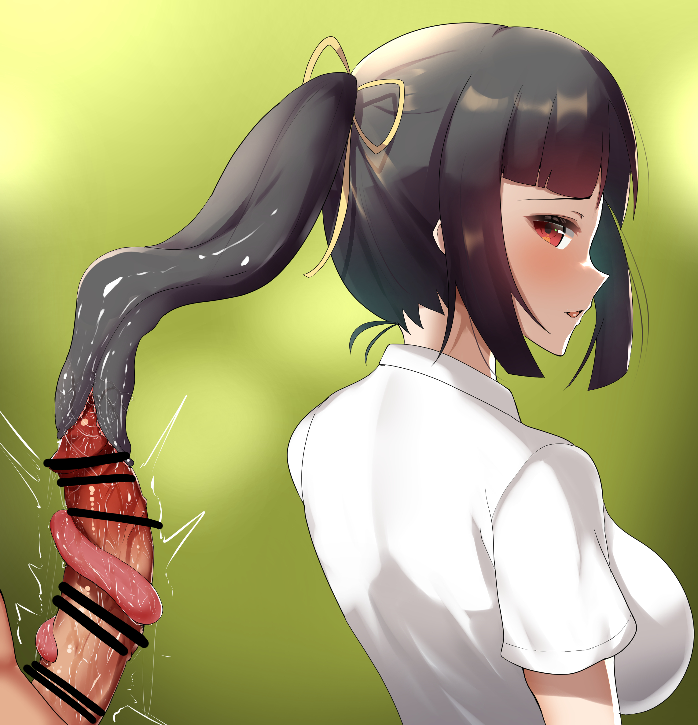 1boy, 1girls, 2021, absurd res, back, banaparubon00, bare arms, black hair, blush, breasts, censored, clothing, erection, eyebrows visible through hair, fellatio, female, femdom, futakuchi-onna, glans, green background, highres, jjagjmptmptj, large breasts, long hair, long tongue, looking at another, looking at penis, looking back, male, malesub, mawile, monster girl, multi mouth, nintendo, open mouth, oral, penis, personification, pokemon, pokemon (species), pokemon rse, red eyes, saliva, saliva drip, saliva string, saliva trail, shirt, side ponytail, simple background, smile, tied hair, tongue, tongue around penis, tongue out, tongue wrap, vein, veiny penis