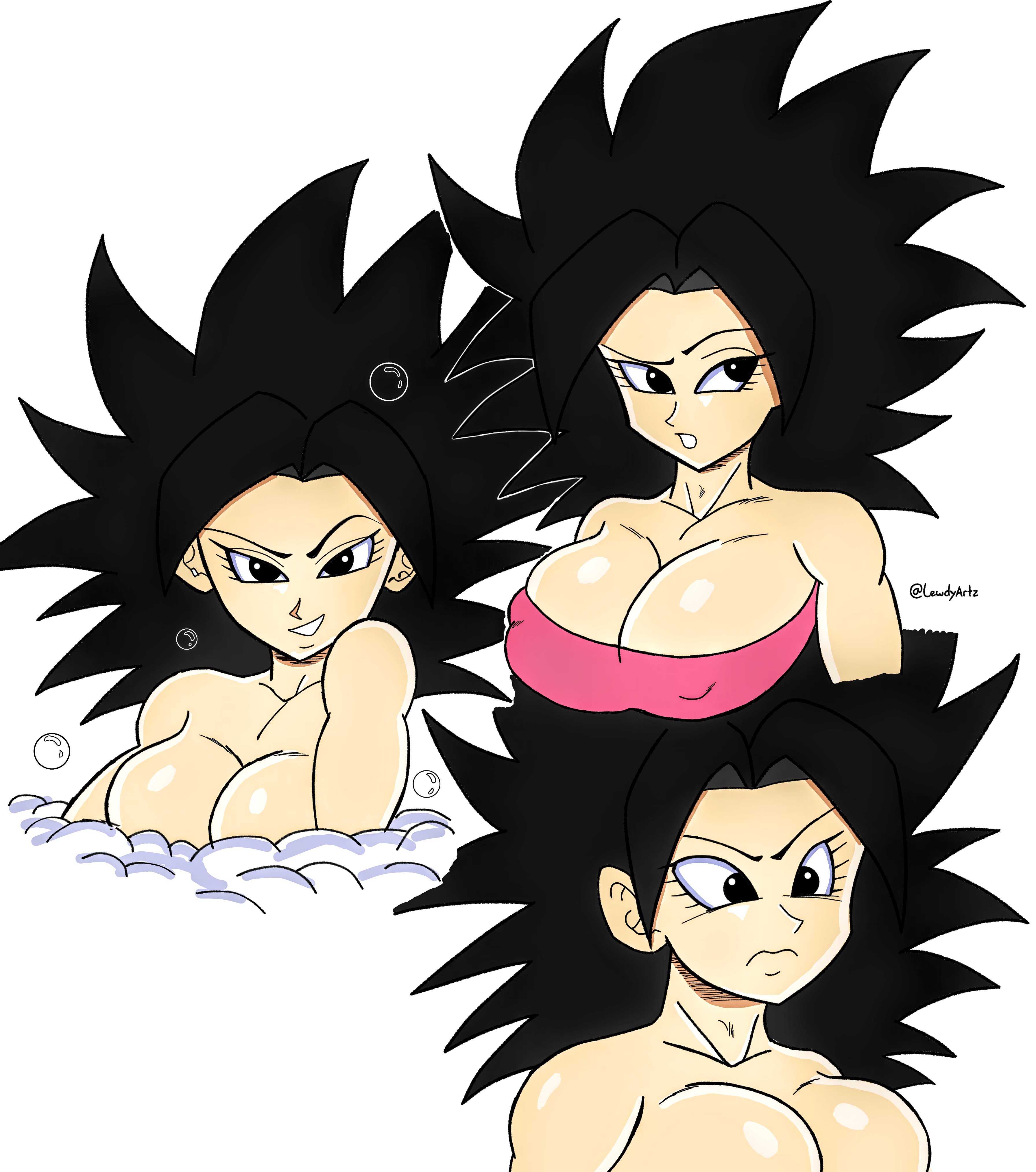 1girls, artist signature, bath, big breasts, black eyes, black hair, breasts, bubbles, caulifla, cleavage, dragon ball, dragon ball super, erect nipples under clothes, female, female focus, female only, lewdyartz, looking at viewer, multiple images, nude, saiyan, signature, smile, smiling, smiling at viewer, solo, solo female, solo focus, tubetop