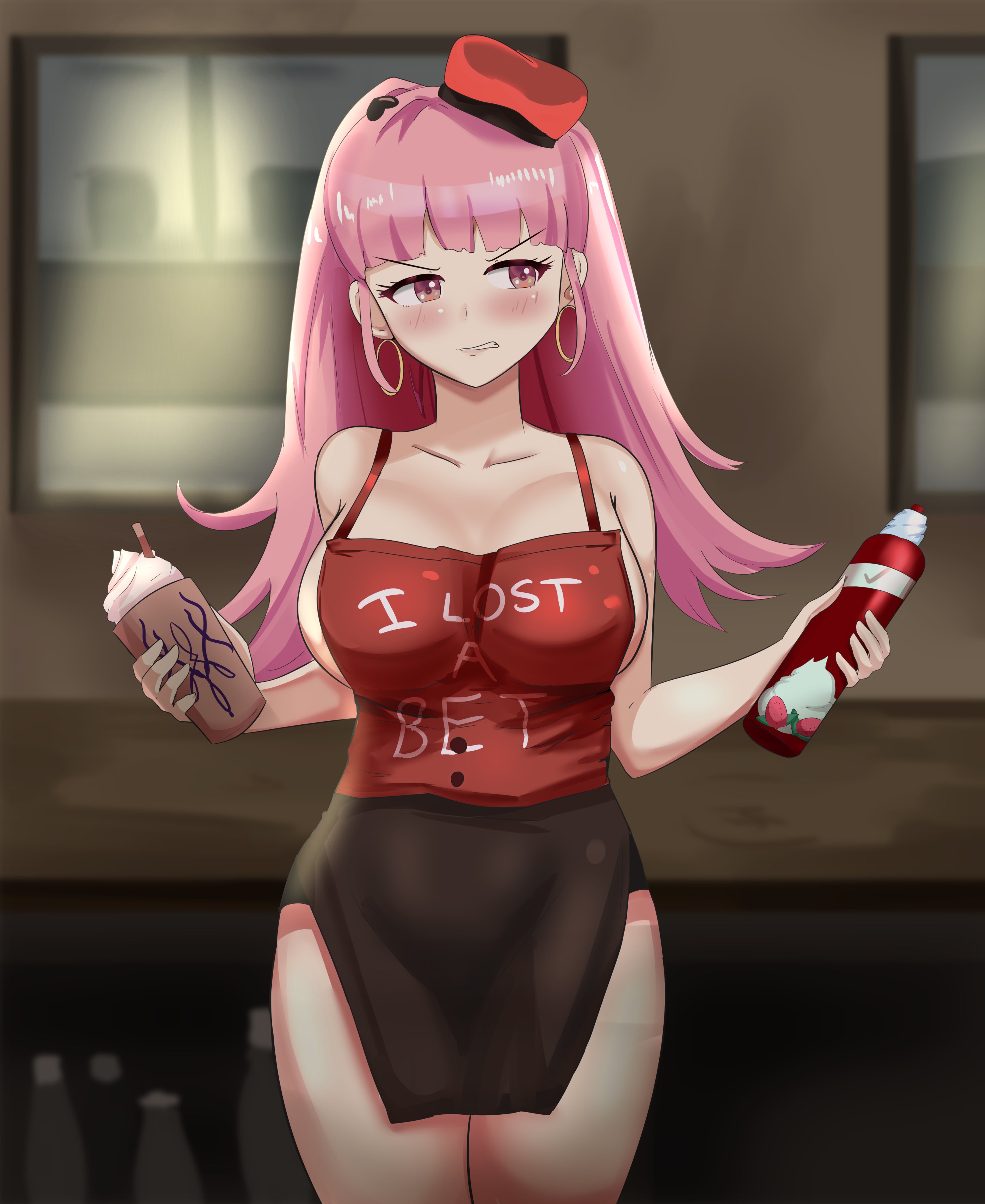 1girls, alternate costume, angry, apron, bangs, bare shoulders, bare thighs, bet, blush, breasts, clenched teeth, crest (fe3h), defeated, earrings, embarrassed, embarrassment, english text, female, femsub, fire emblem, fire emblem: three houses, grumpy, grumpy sub, hat, hilda valentine goneril, holding, holding object, humiliation, iced latte with breast milk, large breasts, long hair, looking away, lost bet, meme, naked apron, nintendo, pink eyes, pink hair, ponytail, pout, sideboob, solo, text, thighs, twintails, unhappy, unhappy female, zipperqr