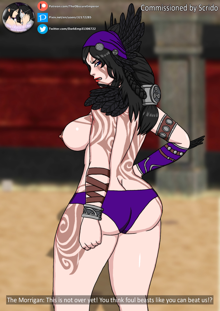 1girls angry ass black_hair blue_eyes braid breasts celtic_mythology commission defeated dialogue english_text feathers goddess headger large_ass large_breasts long_hair minotaur nipples panties smite standing tattoo the_morrigan_(smite) theobscureone